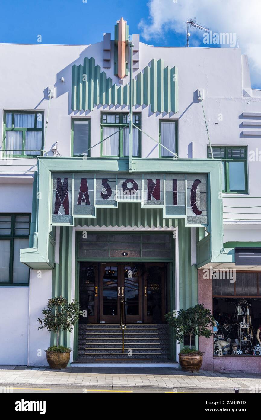 Art Deco Masonic Hotel, von William John Prouse und Norman Wilson, 1932, Napier, Hawke's Bay, North Island, Neuseeland Stockfoto