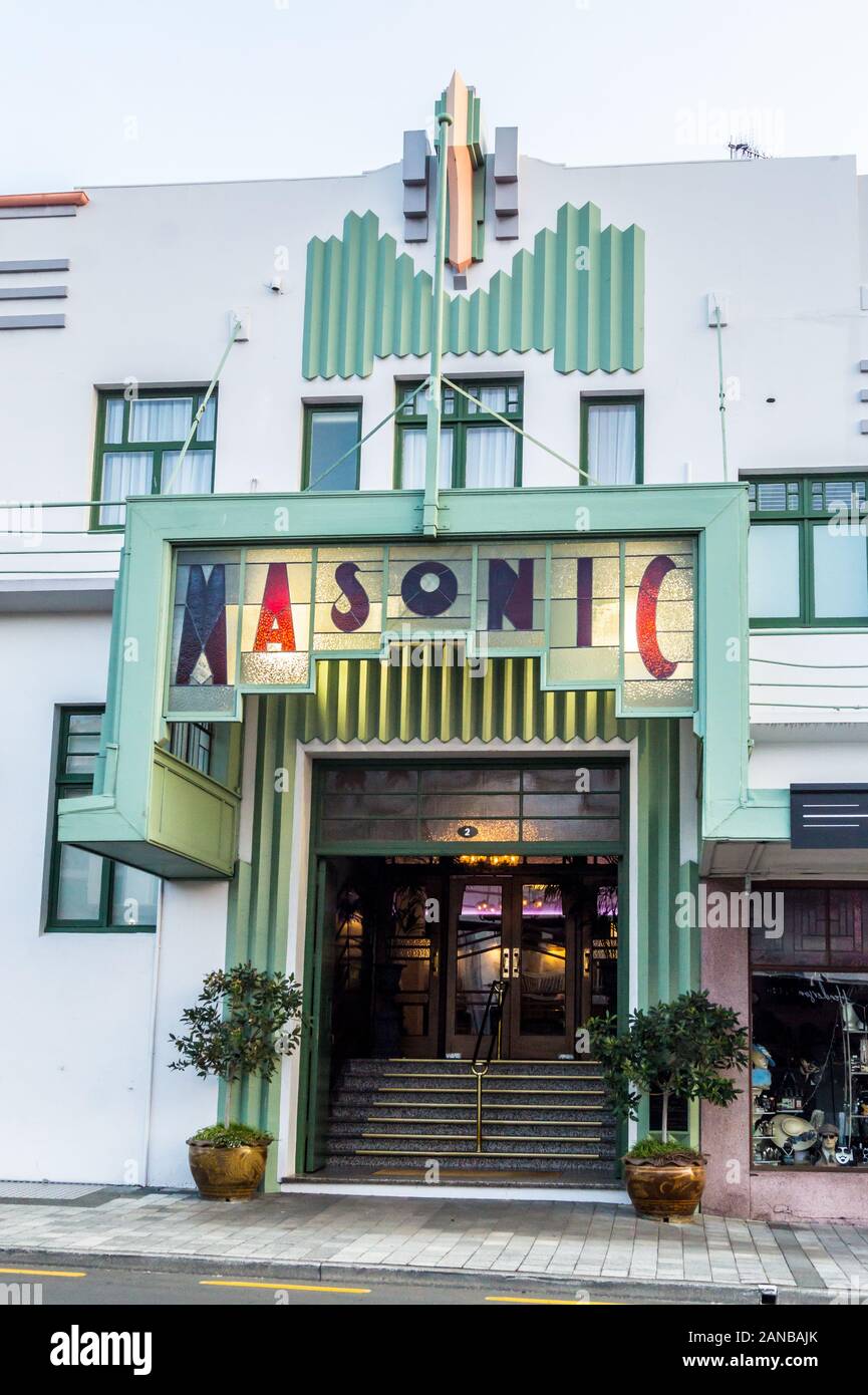Art Deco Masonic Hotel, von William John Prouse und Norman Wilson, 1932, Napier, Hawke's Bay, North Island, Neuseeland Stockfoto