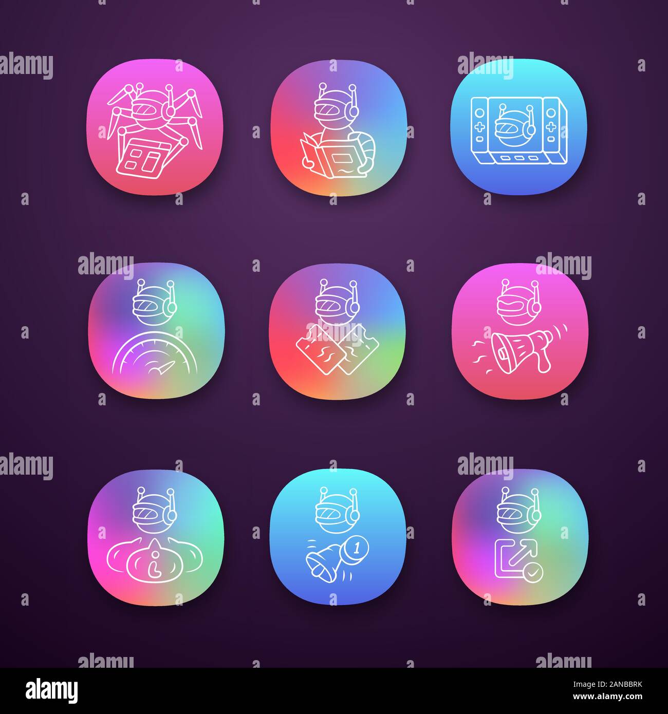 Web Robots App Icons einstellen. Crawler, Text - Lesen, Propaganda bot. Proaktive, optimizer Roboter. Künstliche Intelligenz. UI/UX-Benutzeroberfläche. Web oder mob Stock Vektor