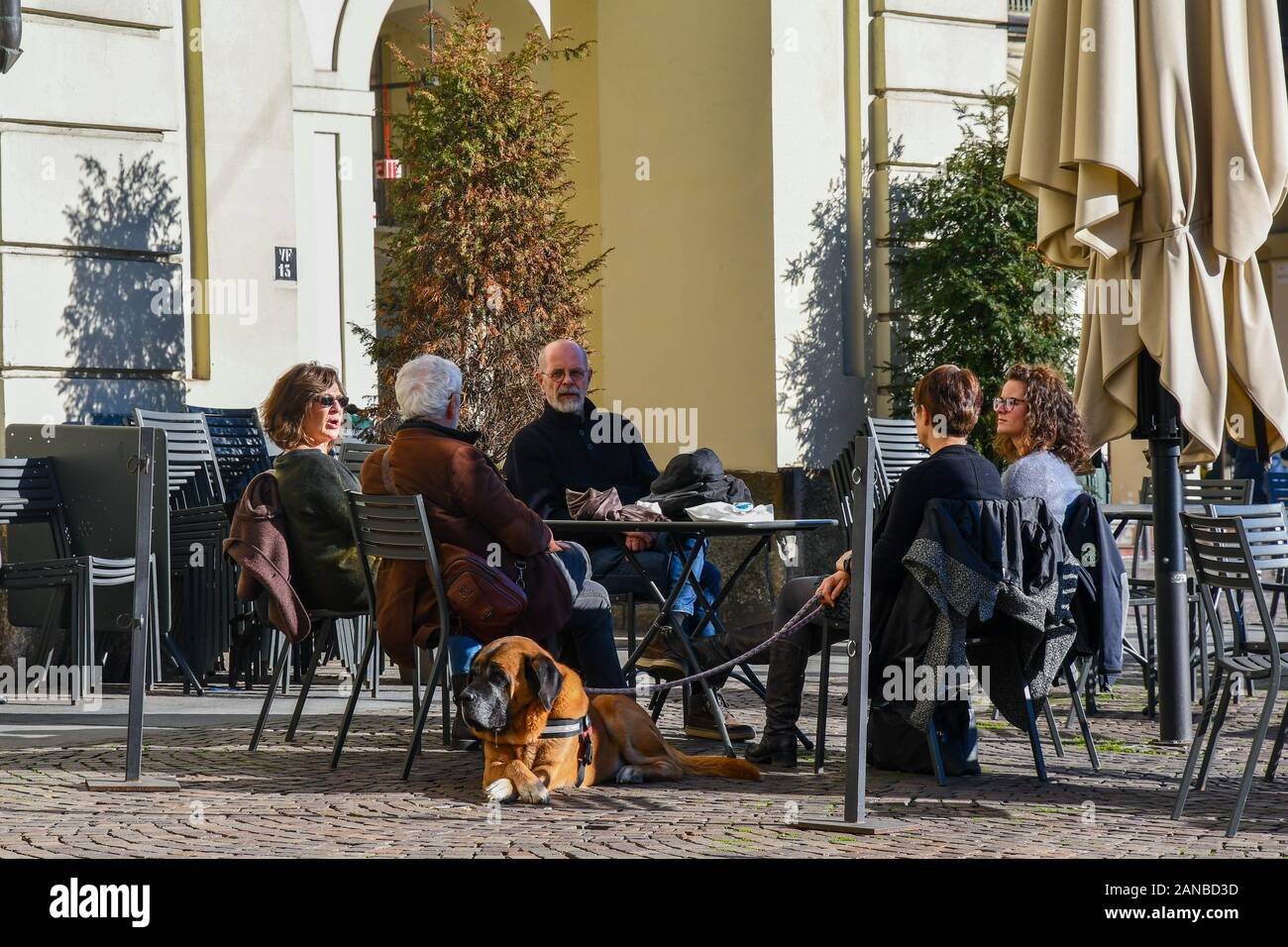 Eine Familie mit einem bullmastiff Hund in ein Café im Freien an einem sonnigen Wintertag sitzt im historischen Zentrum von Turin, Piemont, Italien Stockfoto
