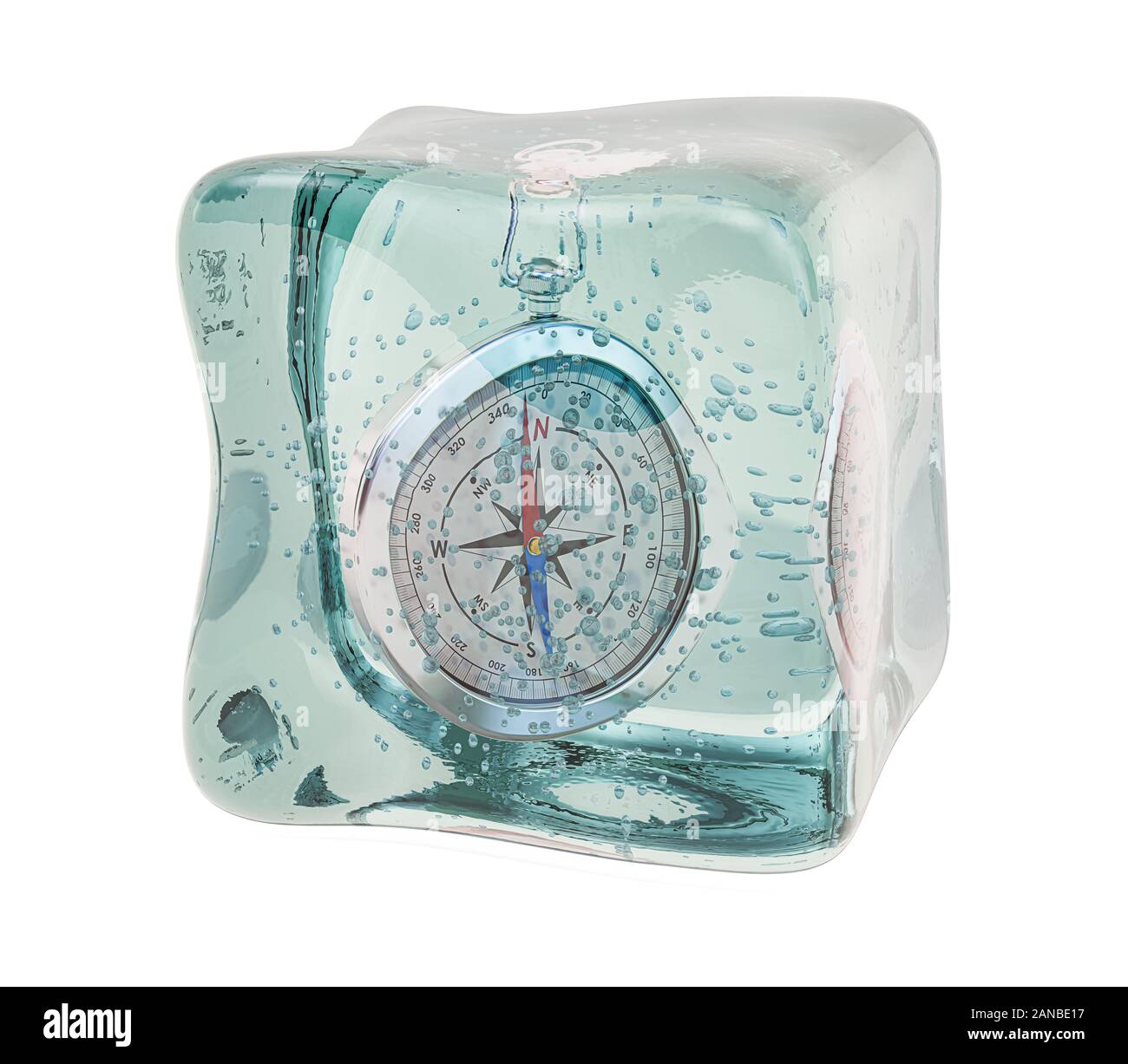 Kompass in Ice Cube eingefroren. 3D-Rendering auf weißem Hintergrund Stockfoto