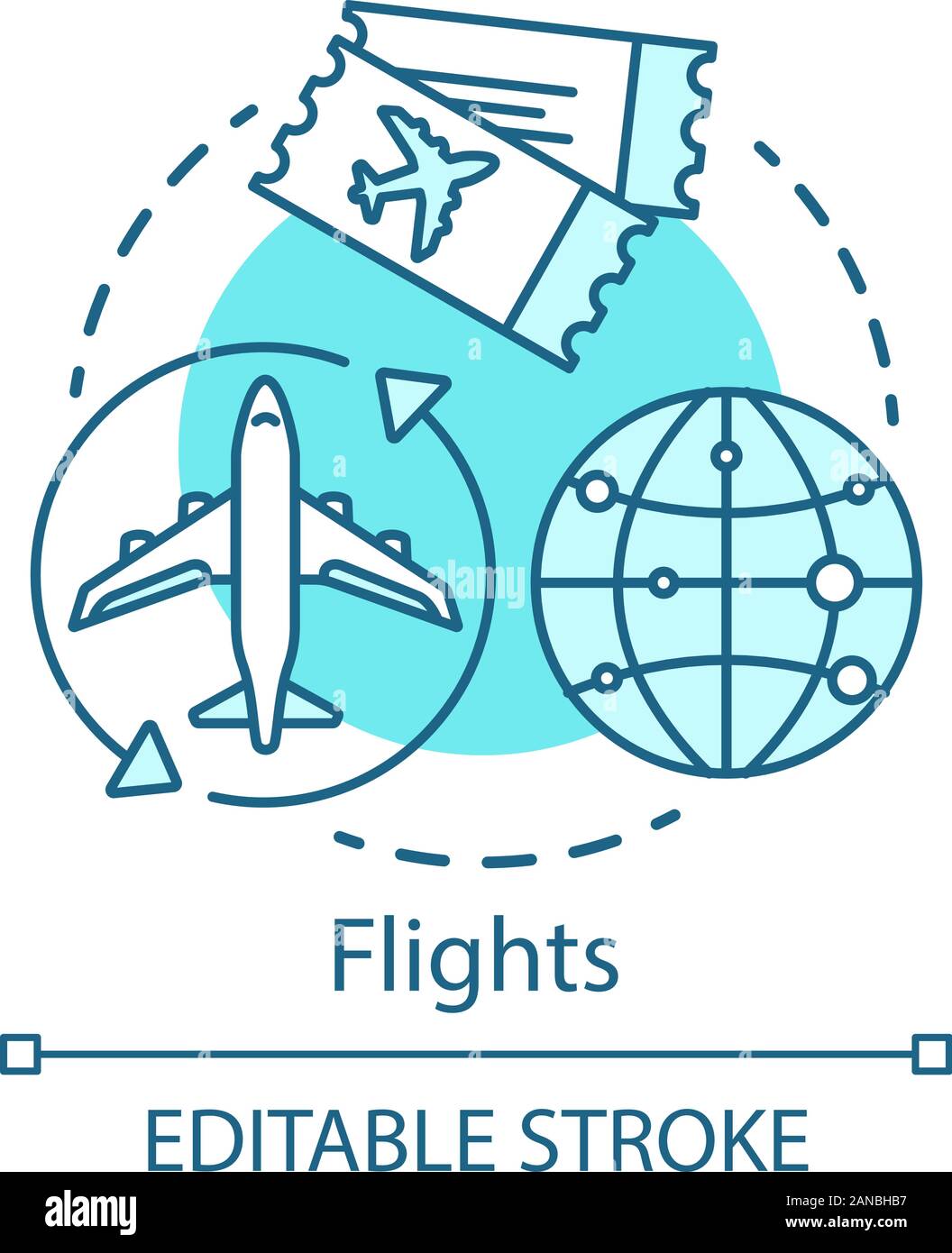 Flüge Konzept Symbol. Flugreisen Idee dünne Linie Abbildung. Tourismus und Reise. An- und Abreise Flüge. Internationale Fluggesellschaften, Tickets. V Stock Vektor