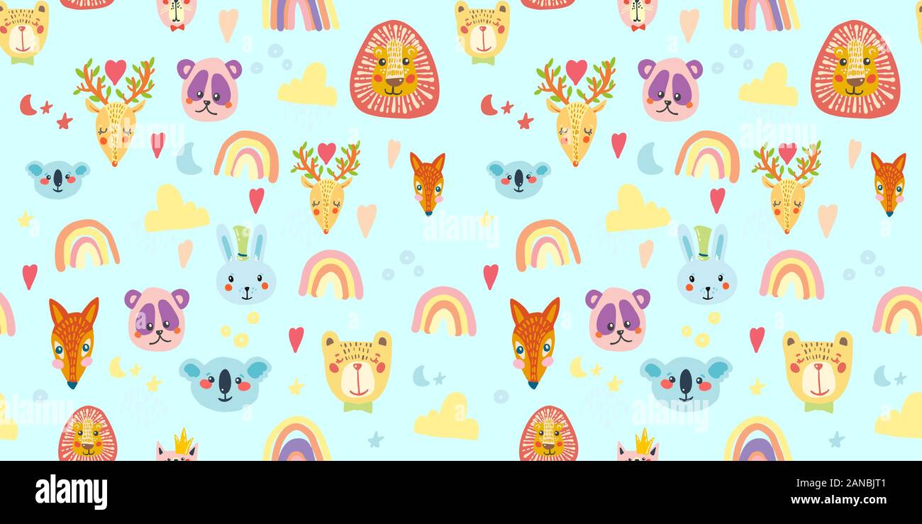Nahtlose Muster mit Tier, Regenbogen, Wolken und Sterne in Pastellfarben Stock Vektor