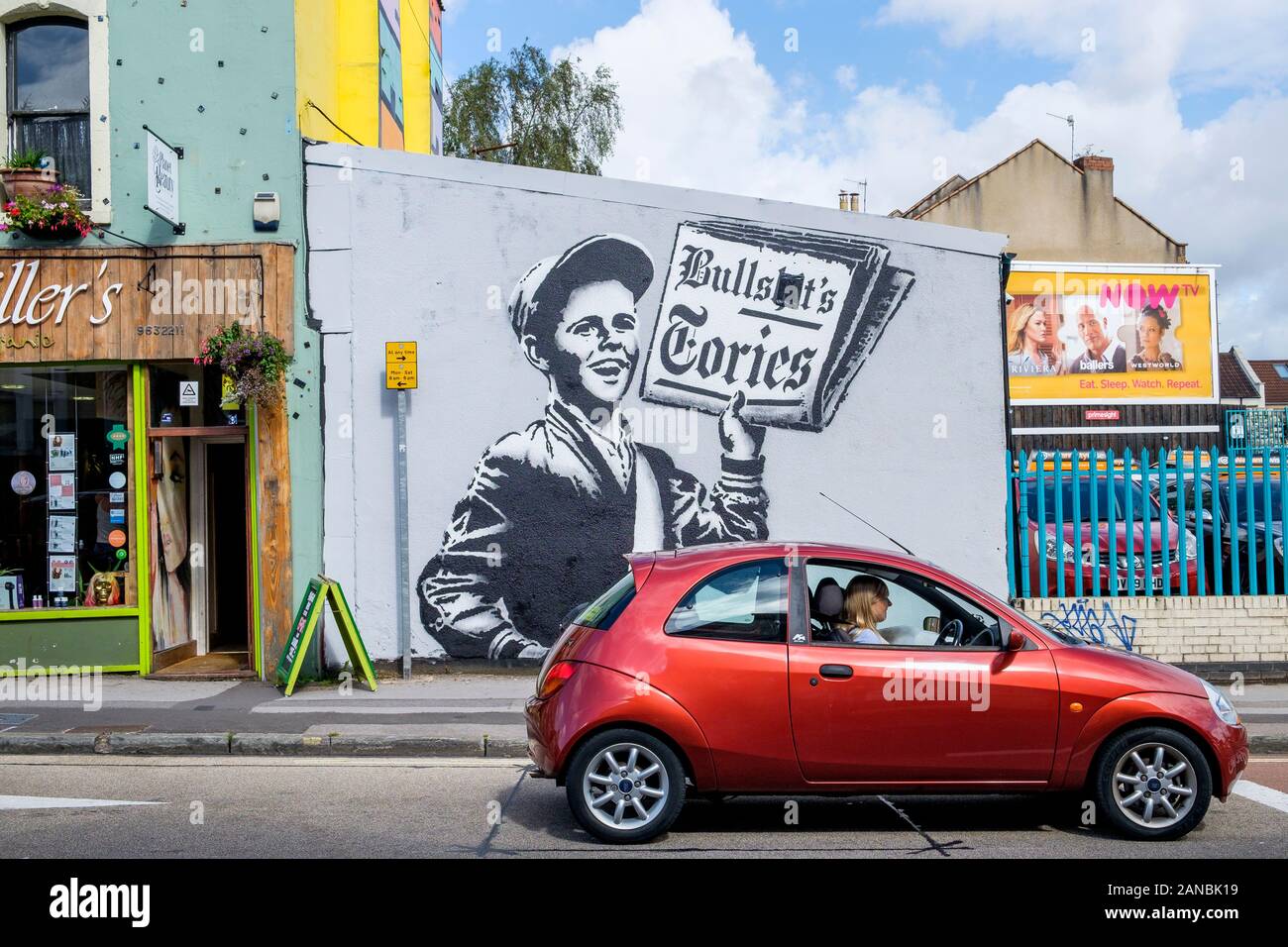 Kunstwerk malte in Bristol für die Upfest 2017 Festival, Europas größtes Street Art & Graffiti Festival ist auf den Straßen von Bristol abgebildet. Stockfoto