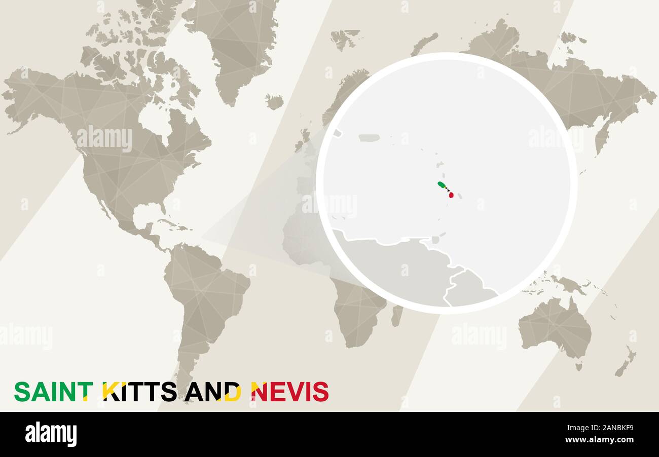 Zoom auf St. Kitts und Nevis Karte und Flagge. Weltkarte. Stock Vektor