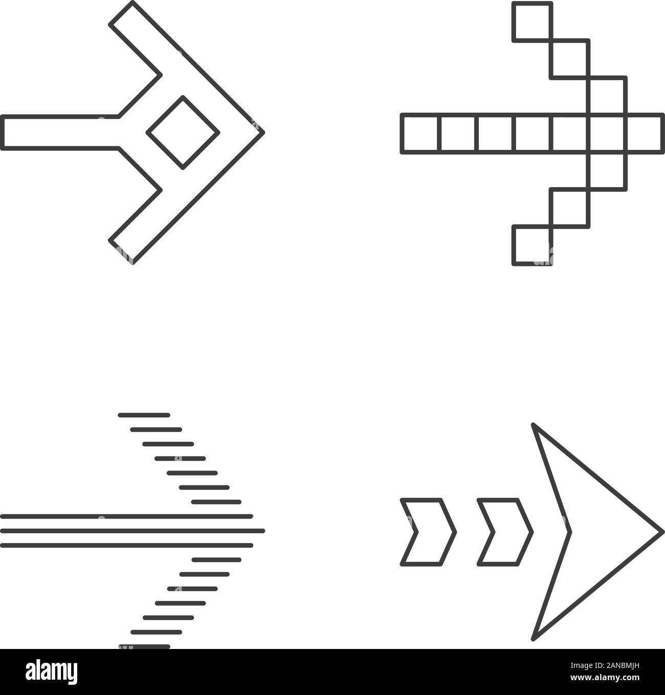 Pfeiltypen lineare Symbole gesetzt. Pixel, geformt, gestrichelt, gestreifte Nächste, Vorwärtspfeil. Pfeilspitze, die richtige Richtung. Thin Line Kontur Symbole. Isolat Stock Vektor