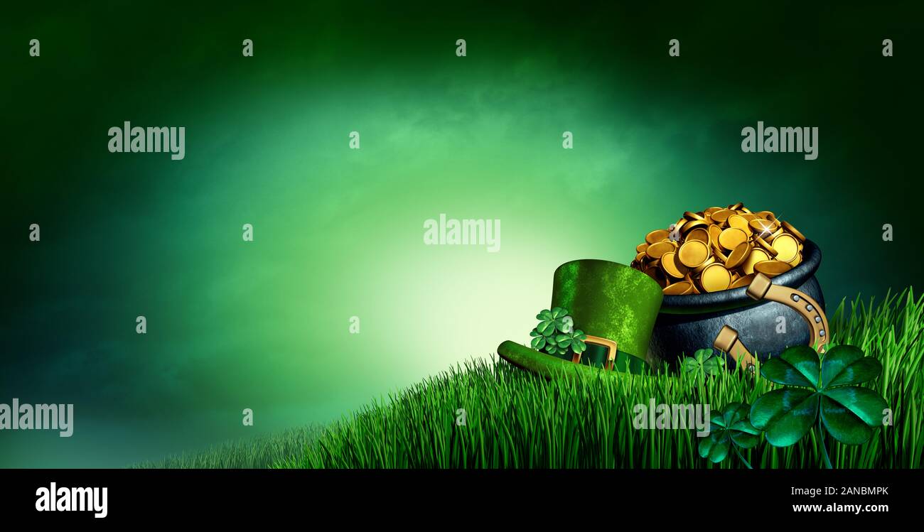 Saint Patrick's Day Hintergrund als Green Holiday Symbol mit der leere Raum oder Textbereich mit Klee ein Topf voll Gold und Lucky Horseshoe verlässt. Stockfoto