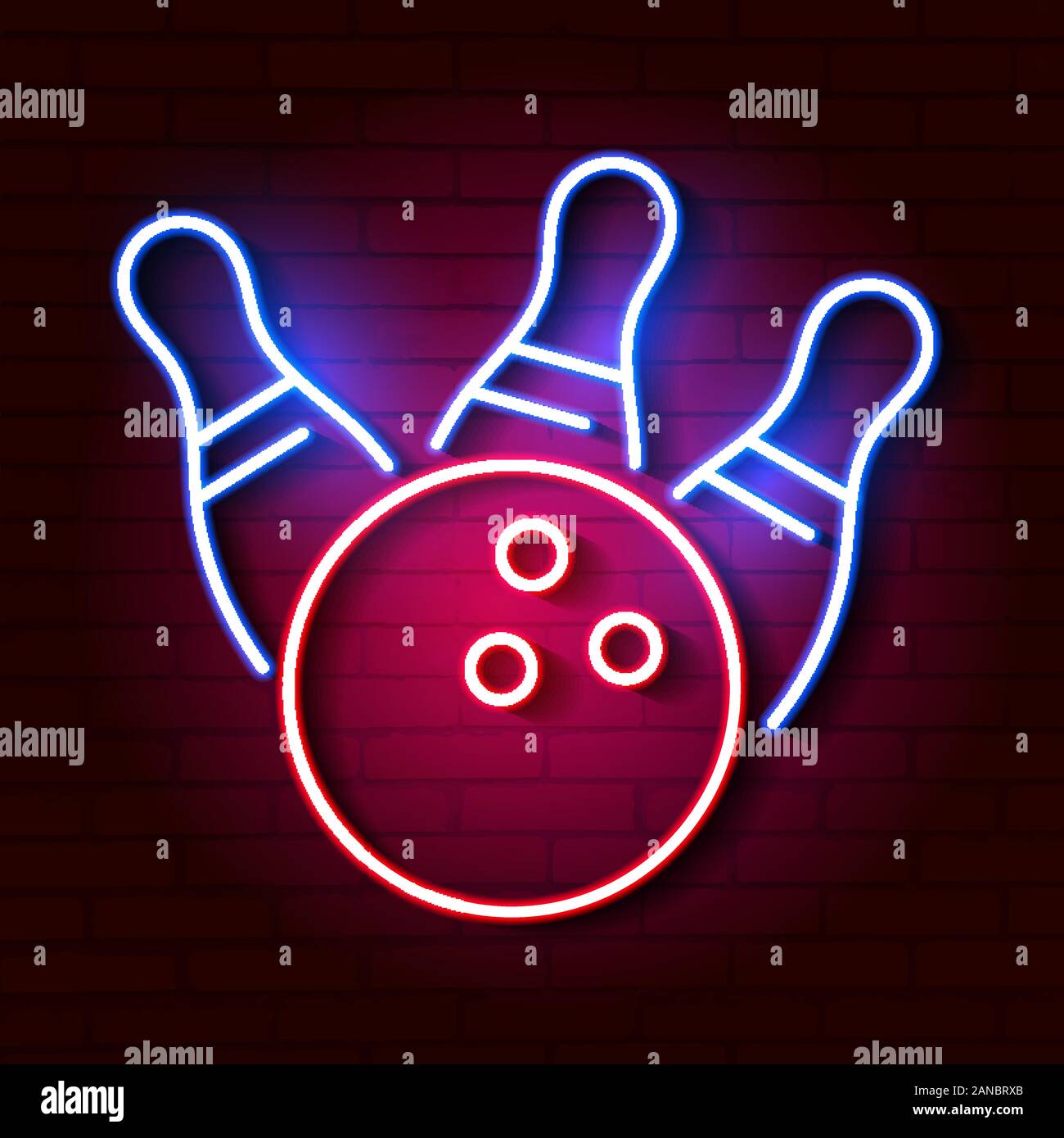 Bowling Ball und Kegeln Neonlicht. Vektor Stock Vektor
