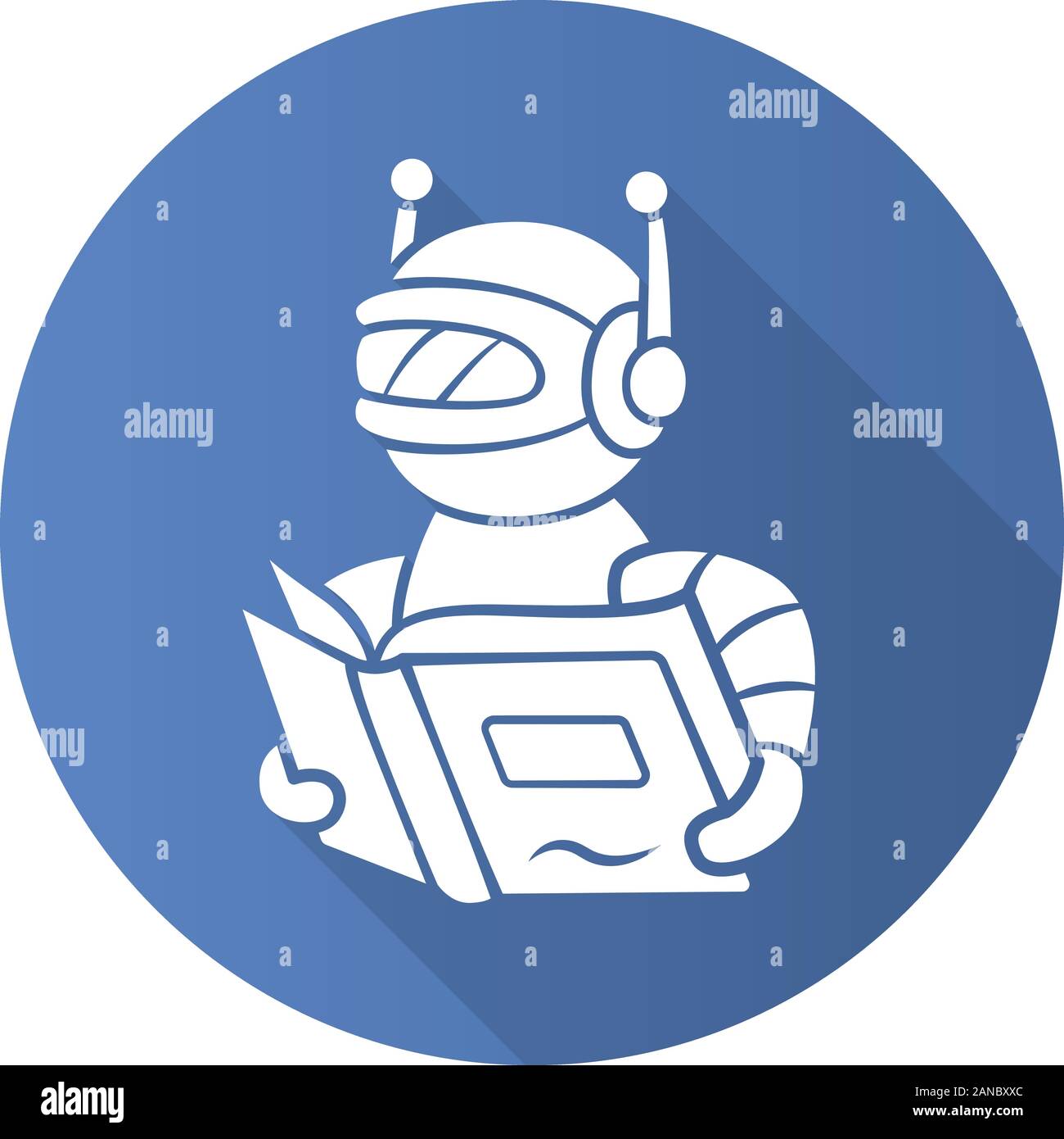 Text Lesen bot flache Bauweise lange Schatten glyph Icon. Screen Reader App, übersetzung Algorithmen. Virtueller Assistent. Roboter mit Buch. Software app. Spee Stock Vektor