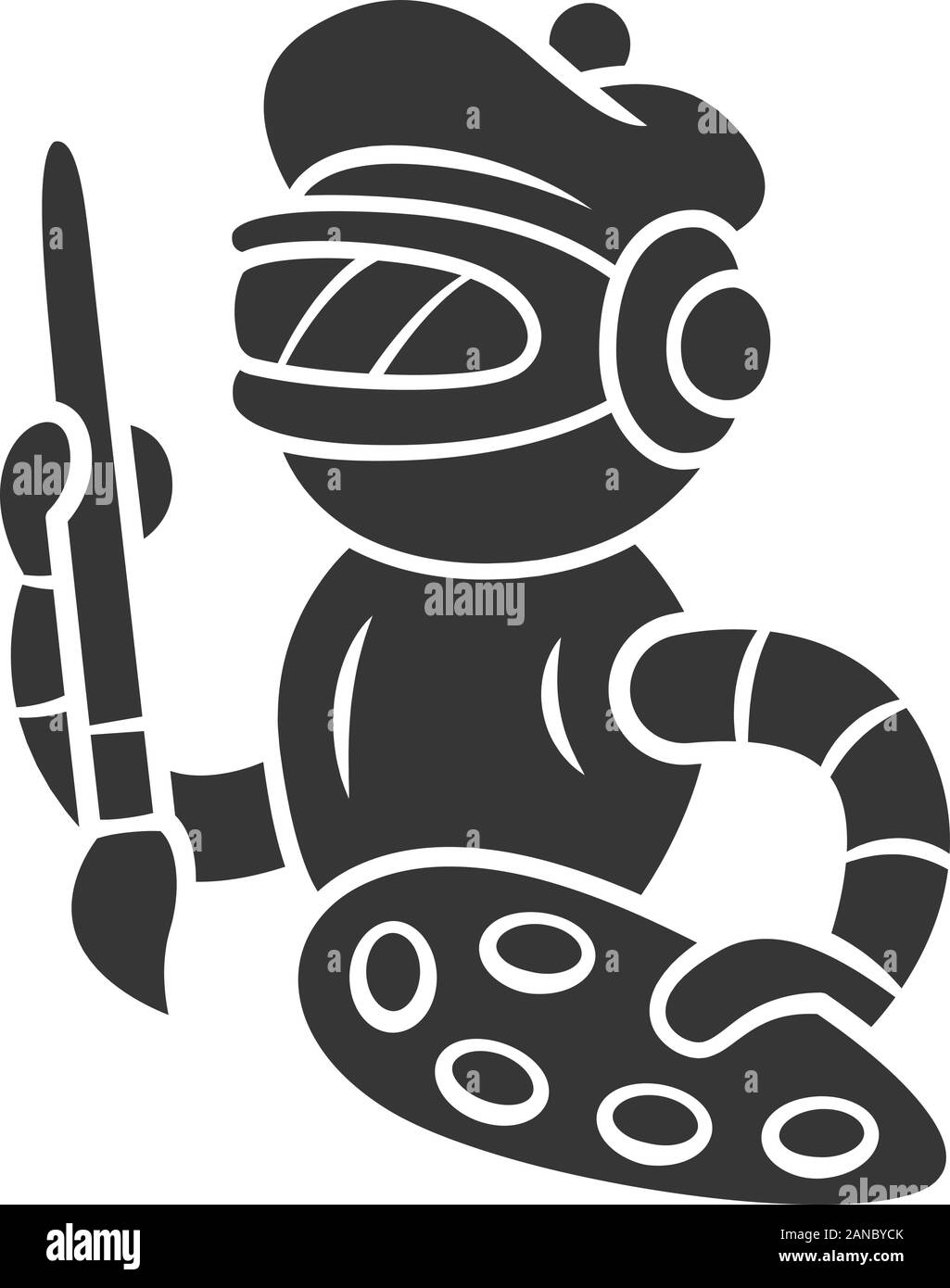 Kunst bot Glyph icon. Roboter, Cyborg mit Pinsel und Palette. Virtuelle Hilfe. Künstliche Intelligenz, KI. Kybernetik. Silhouette Symbol. Negative sp Stock Vektor
