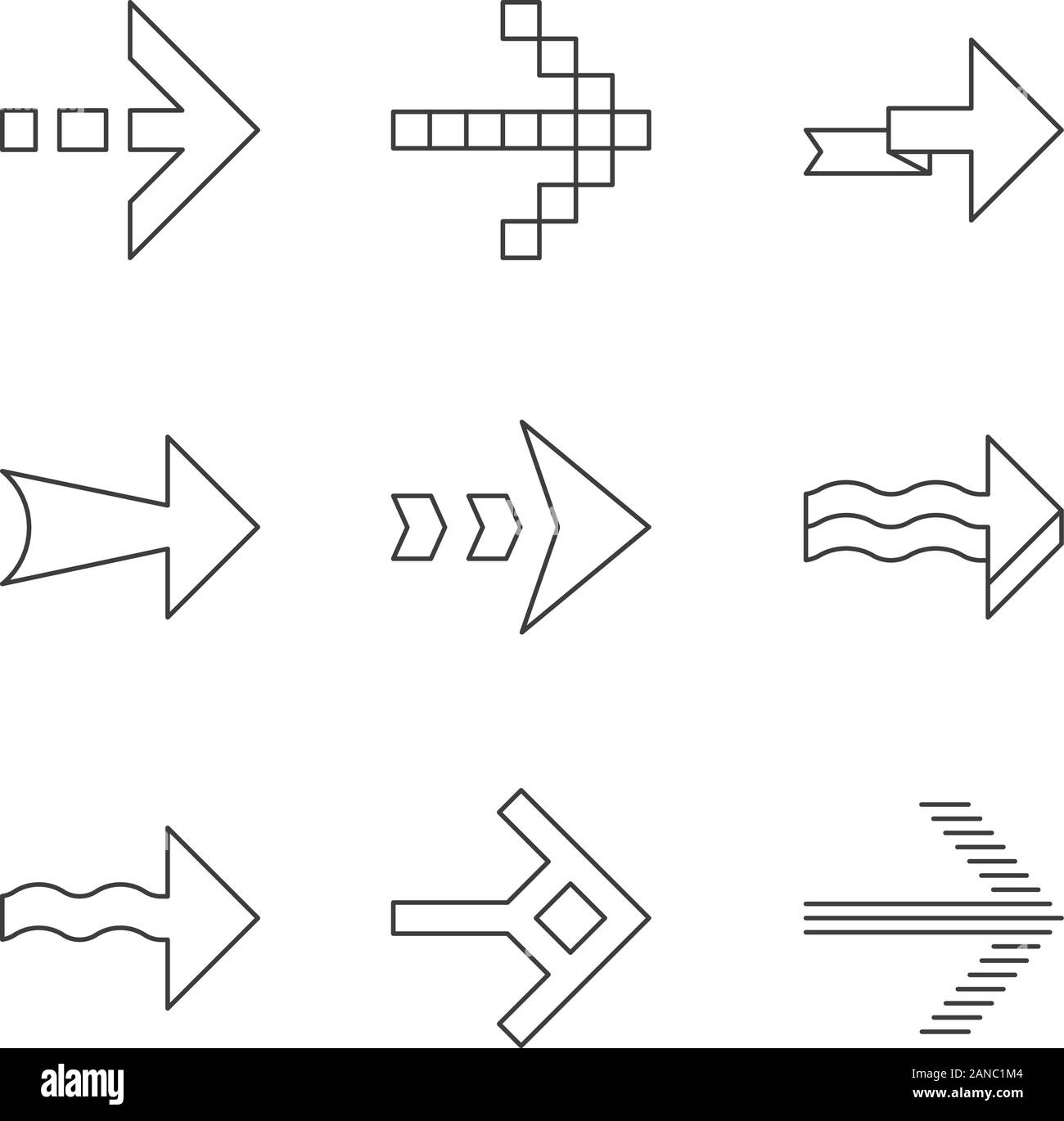Pfeile lineare Symbole gesetzt. Gewellt, Pixel, Falten, gestreifte, gestrichelte Pfeile weiter. Anzeige unterzeichnen. Pfeilspitzen nach rechts. Thin Line Kontur Symbole. Isol Stock Vektor