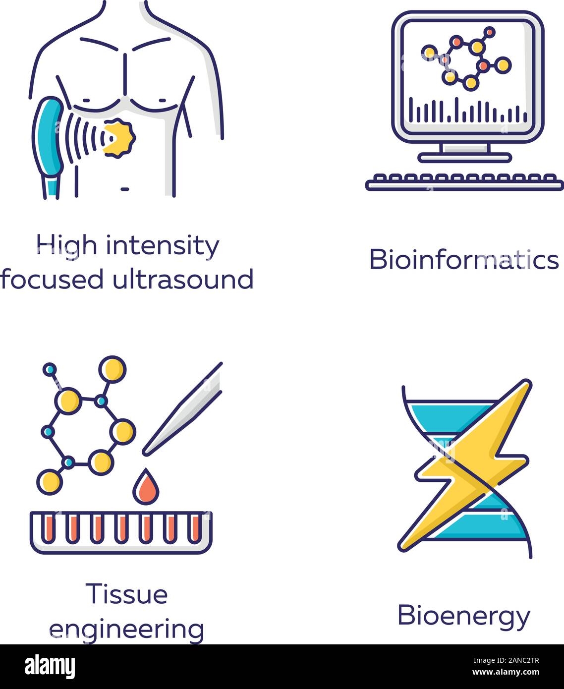 Biotechnologie farbige Symbole gesetzt. Bioengineering. Hochintensiver fokussierter Ultraschall, Bioinformatik, Tissue Engineering, Bioenergie. Technologien für Stud Stock Vektor