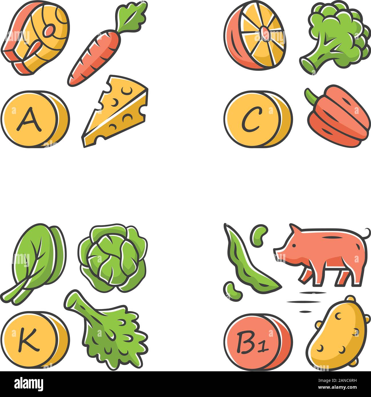 Vitamine farbige Symbole gesetzt. A, C, B1, K Vitamine natürliche Nahrungsquelle. Gemüse, essbare Grüns, Milchprodukte. Die richtige Ernährung. Mineralien, Antioxidationsmittel Stock Vektor