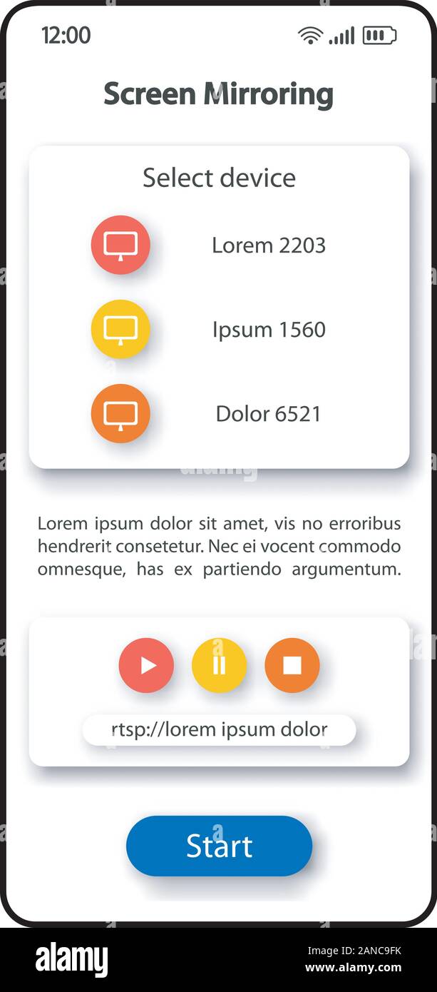 Bildschirm spiegeln smartphone Schnittstelle vektor Vorlage. Mobile App Seite Farbe Design Layout. Duplizieren von Bild-, Video auf dem Bildschirm. Flachbild-UI für applicatio Stock Vektor