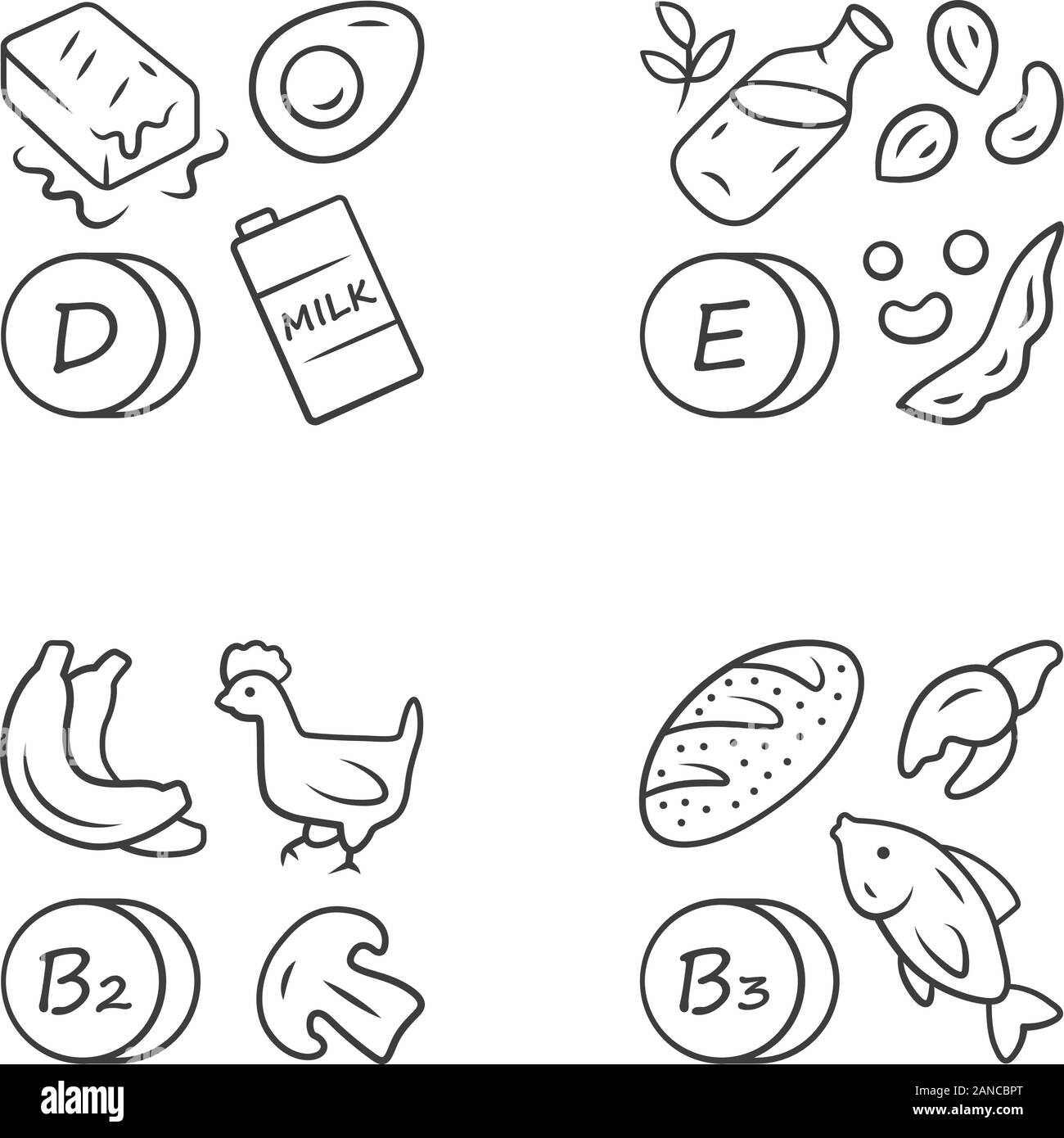 Vitamine lineare Symbole gesetzt. D, E, B2, B3 Vitamine natürliche Nahrungsquelle. Milchprodukte, Nüsse. Mineralien, Antioxidantien. Thin Line Kontur Symbole. Isolieren Stock Vektor