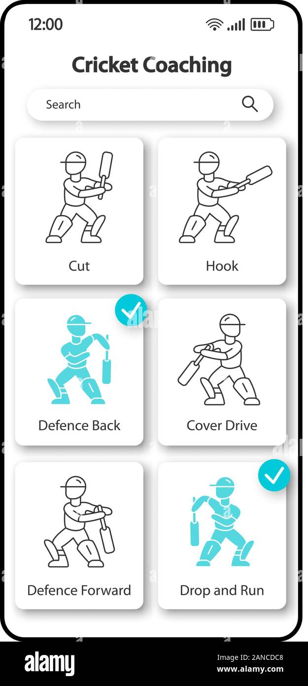 Kricket Skills Training smartphone Schnittstelle vektor Vorlage. Mobile App Seite Farbe Design Layout. Sport Coaching. Lineare UI für Anwendung. Stock Vektor