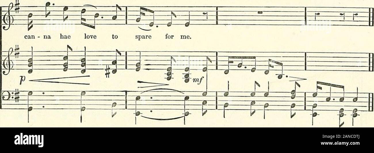 Die beliebten Lieder von Schottland mit ihren entsprechenden Melodien. m s - £ cher-ish die Biene, Meine kop - stirbt der SAE-mei-kle Liebe die sil-ler. Er F  T P Pf =?= £ Sf. Ihr Vorbringen o liebt ein arle - Penny, Mein tochres der Schnäppchen ihr Wad kaufen; aber eine Ihr listigen, ich bin cnnnin, Sae Ihr Wi anither Maun ihr Glück versuchen. Yere wie dem Timmer o Yon morsches Holz, YERE wie auf der Rinde o Yon morschen Baum, Yell slip frae mich wie ein Astreiner thread, und schreien ihre Kreditkarte wi Mae riss noch mich. Mt tochres das Juwel. Herr Stenhouse sagt, die Worte dieses Liedes, 0 Meikle denkt meine Liebe meine Schönheit, durch Verbrennungen geschrieben wurden, im 1. Stockfoto