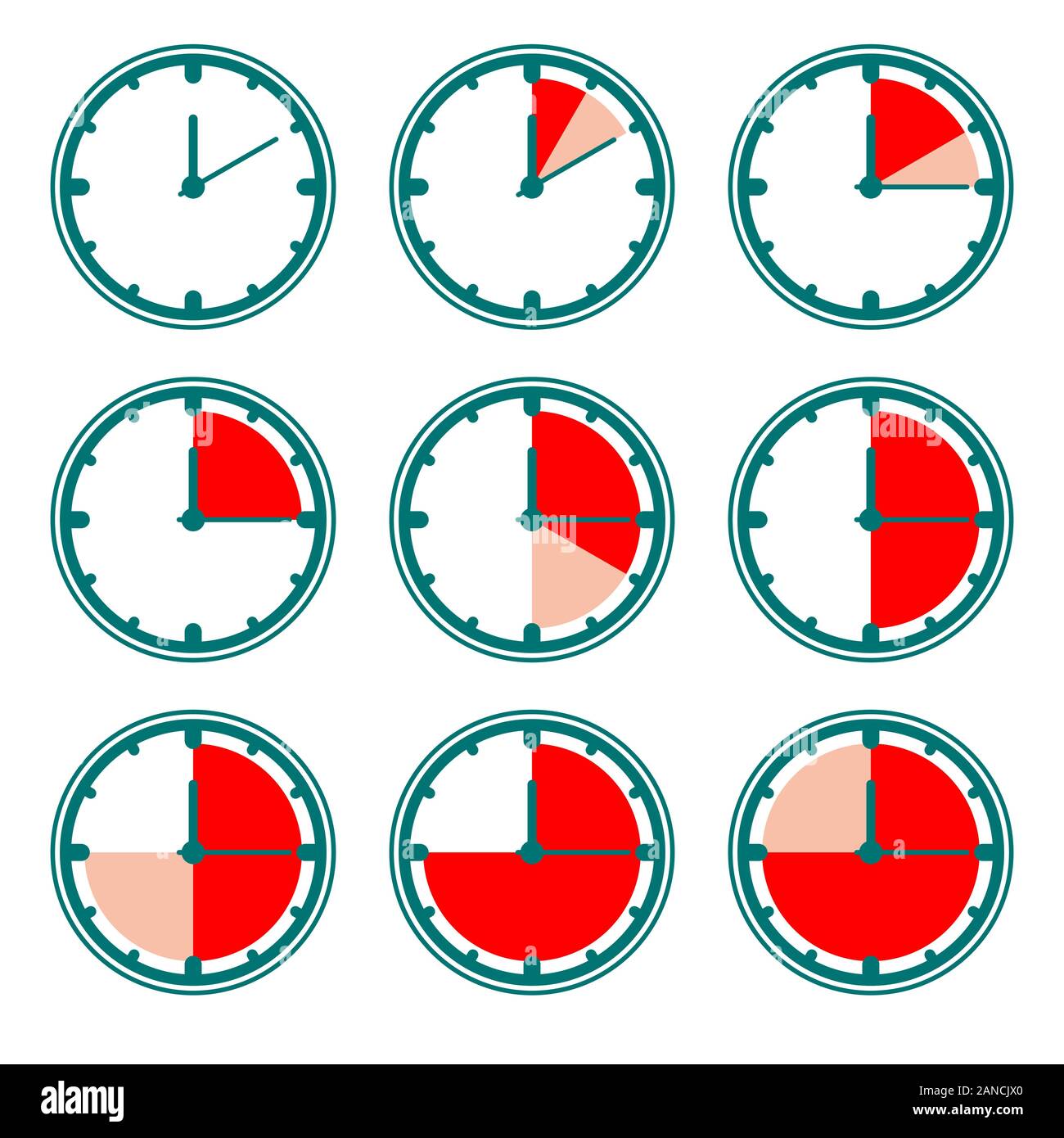 Grüne Uhr Vector Icons mit roten Minuten Charts. Neun einfache Timer. Stock Vektor