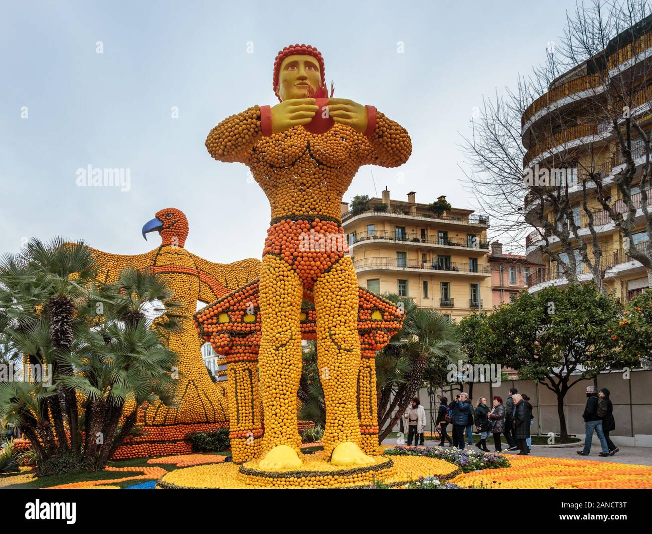Ausstellung von Zitrusmustern - Bioves Gardens. Menton Lemon Festival, Fête du Citron, Menton, Alpes-Maritimes, Côte d'Azur, Frankreich Stockfoto