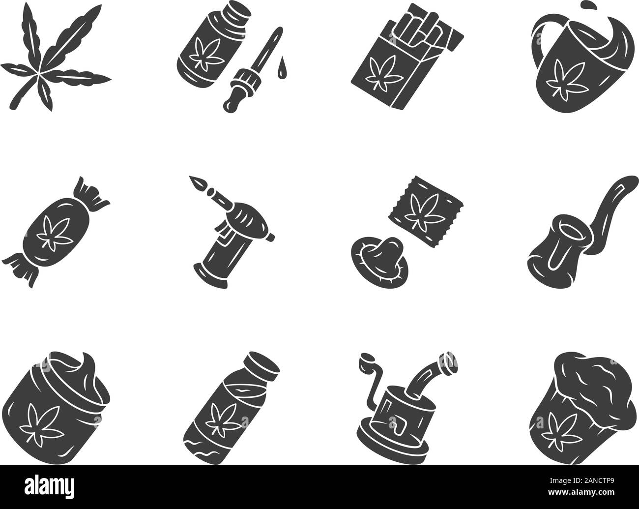 Unkraut Produkte glyph Symbole gesetzt. Marihuana Legalisierung. Hanf Vertrieb, Verkauf. Cannabis Industrie. Rauchen Geräte. CBD trinken, Creme, Süßigkeiten, Kuchen. Stock Vektor