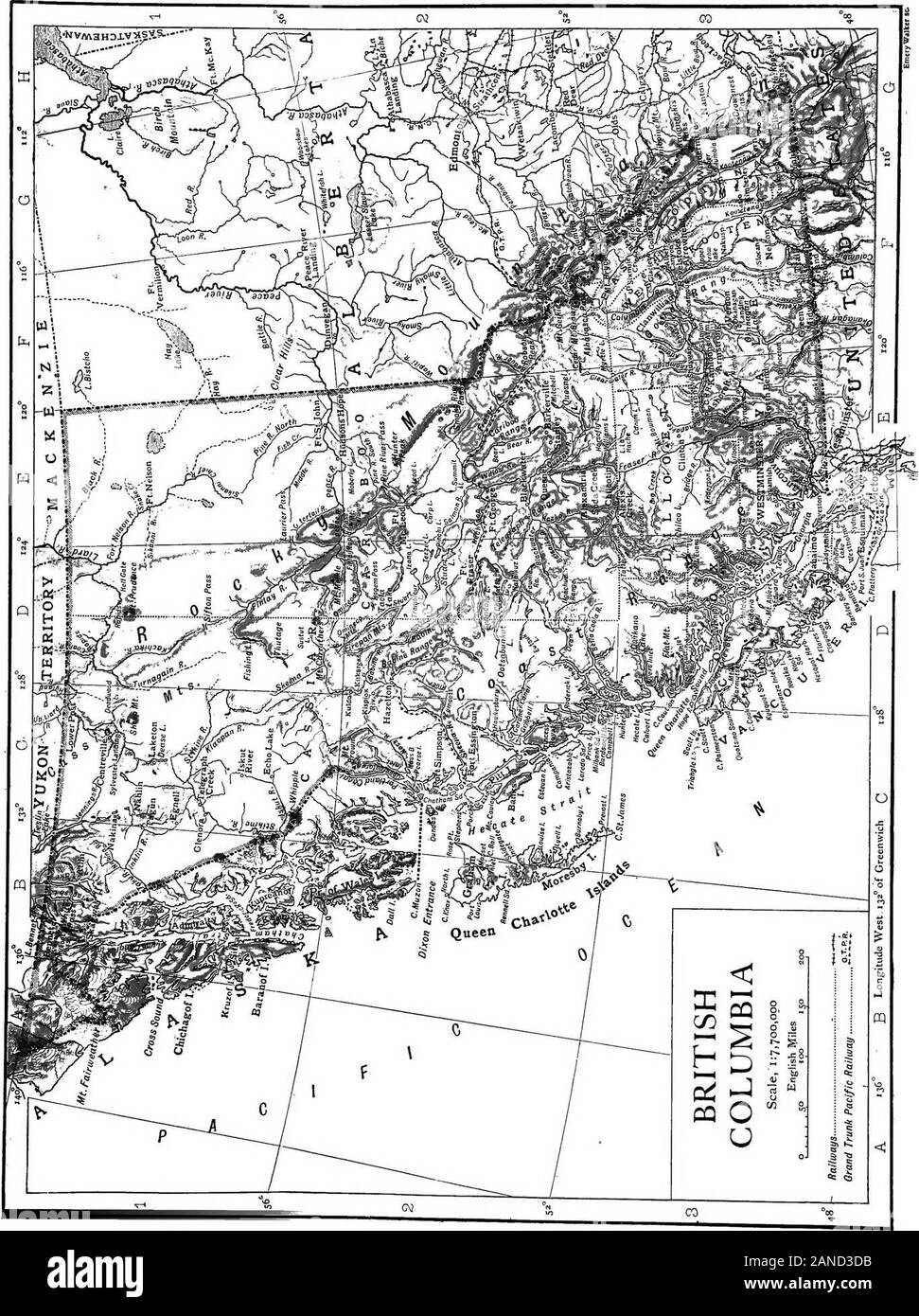 Die encyclopdia Britannica; ein Wörterbuch der Künste, Wissenschaften, Literatur und allgemeinen Informationen. Eingetragen von Mackenzieand Händler der N.W. Unternehmen, die im Jahre 1821 mit der Hudsons Bay Company becameamalgamated. Für die nexttwenty - acht Jahre Hudsons Bay Company thisimmense Territorium mit wohltuenden Despotismus ausgeschlossen. Vancouver Island im Jahre 1849 verkündet eine Britische Kolonie. Im Jahre 1858, im Anschluß an die Entdeckung von Gold und der große Zustrom ofminers, das Festland Gebiet errichtet wurde in eine Kolonie unterder Name von British Columbia, und 1866 war das United mitder Kolonie von Vancouver Island Stockfoto