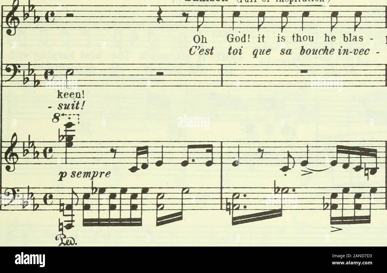 Samson und Delilah: eine Oper in 3 Akten. g. hfif ich &#SS*-fit-rr Lis? 4 * 163 il fi, 53 gffi H r-m m m CL ich Taube re-sera-Blés, Da-gon die EA-gie und bpld-LOM-plain-ti-ve Fuit Le Vau-Tour qui la Gießen-iH te rr^J i î * di tt î*^ fe ¥ & gt; T Wm^î Q-i-65! pg w m+O Sempre Allegro (144 = J) Samson (voller Inspiration). P^aEg Oh Gott!!! Es ist du Bias- phem-eth: thyCest Toi que sa Bouche in-vec-ti------- ve, et la IPlSs nu • u $ m r p p p 1 r j r p* = *wralh auf hishead de-Scend! Herr Zebaoth! - Seine Macht hat einen ter-re na Punkt trem-blé? 0 Seï - gmitrt-Va- Stockfoto