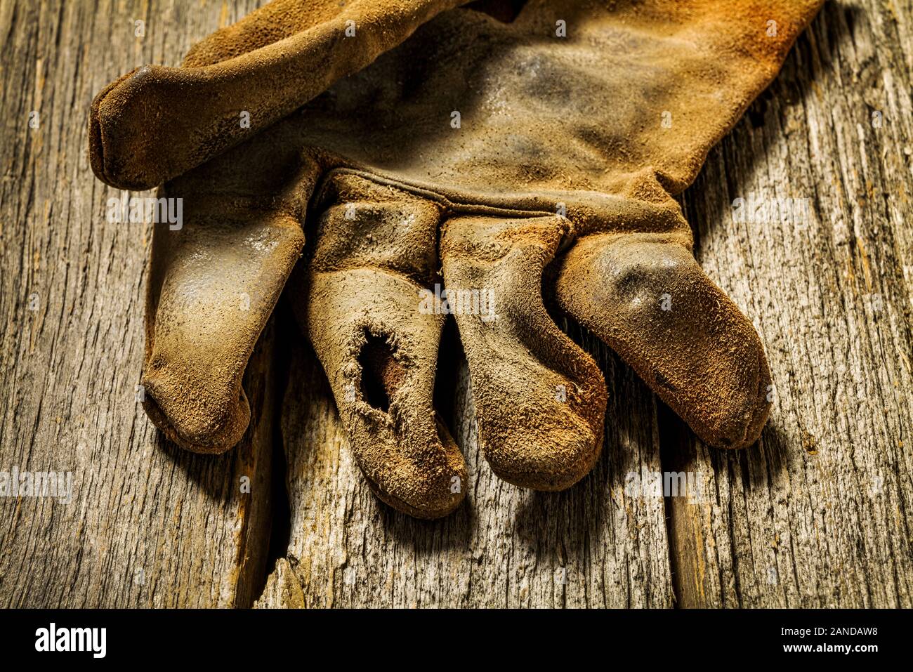 Studio still life Close-up von verschlissenen Leder Arbeitshandschuhe Stockfoto