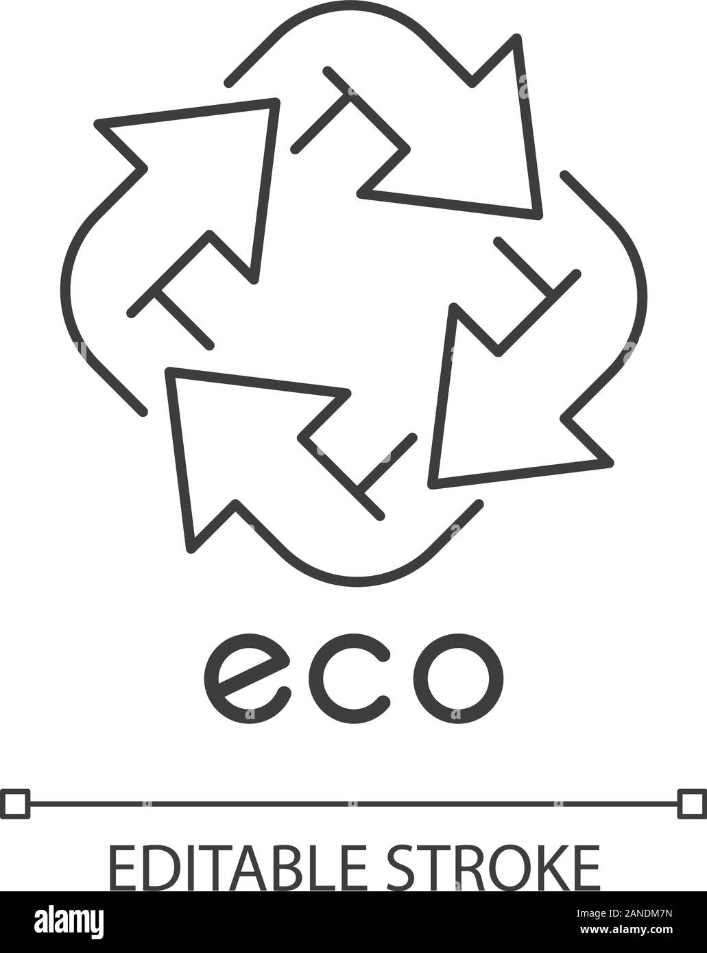 Eco Label lineare Symbol. Vier abgewinkelter Pfeil Zeichen. Papierkorb-Symbol. Alternative Energie. Umweltschutz Aufkleber. Dünne Linie Abbildung. Kontur Stock Vektor