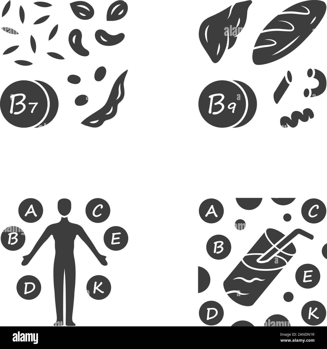 Vitamine Glyphe Symbole gesetzt. B1, B9 natürliche Nahrungsquelle. Vitamin Komplex, Cocktail. Nüsse, Mehl Produkte. Die richtige Ernährung. Gesundes Essen. Healthcare. Min. Stock Vektor