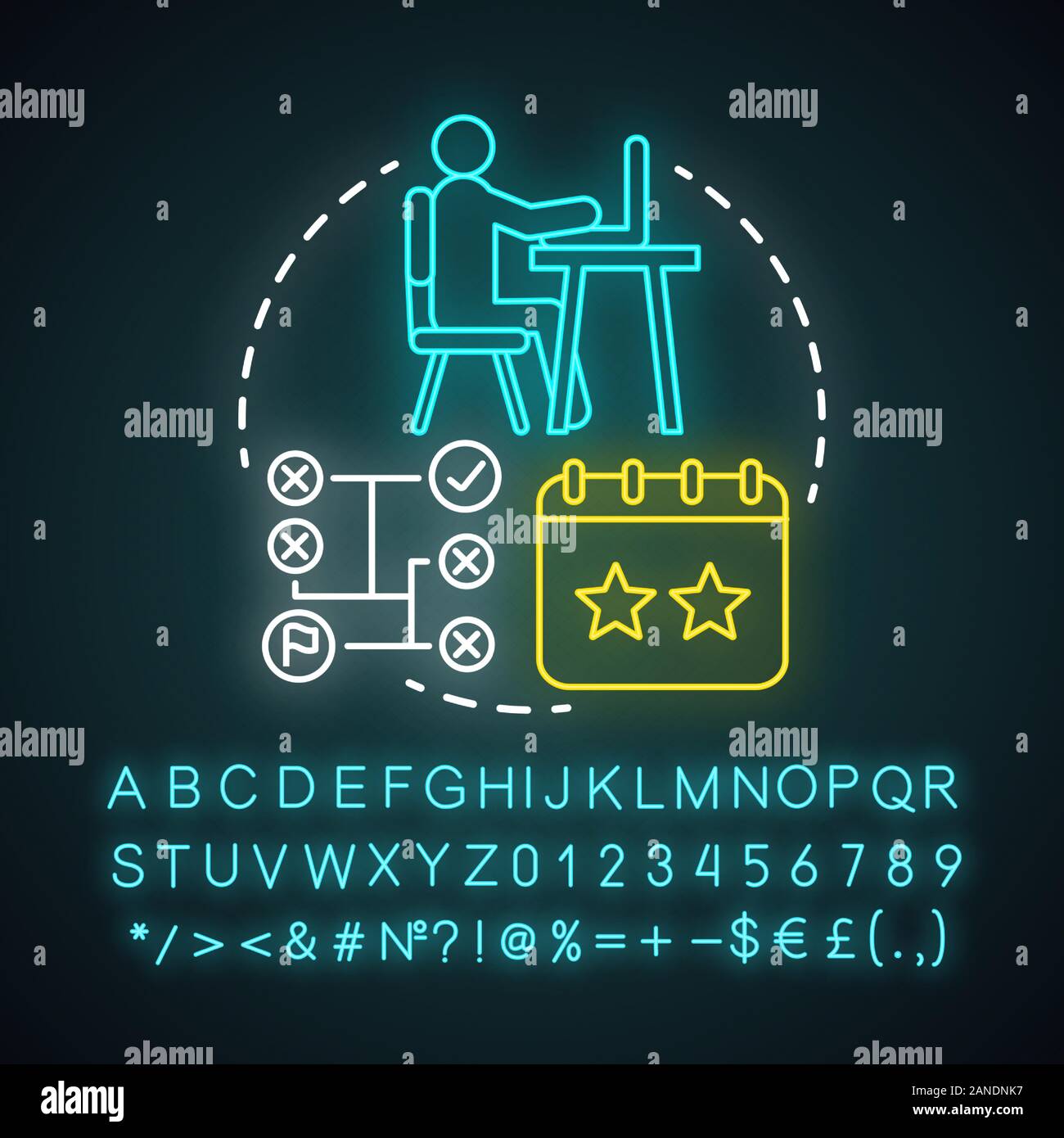 Mittlere Ebene Neonlicht Symbol. Berufserfahrung. Mittlere Ebene. Phasen der Entwicklung in der beruflichen Karriere. Personal, Mitarbeiter. Leuchtende Zeichen mit Alphabet, Stock Vektor