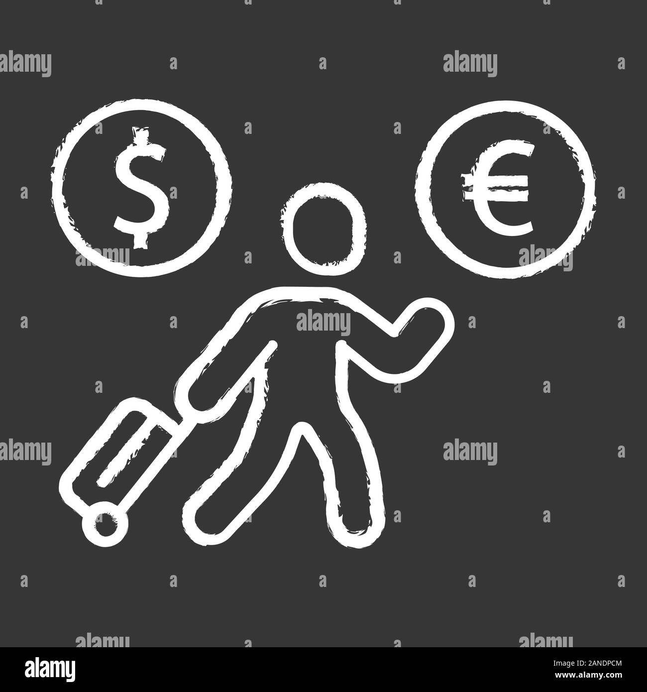 Wirtschaftsmigranten chalk Symbol. Person suchen neues Zuhause, Facharbeiter, bessere Zukunft suchen. Business Immigrant. Flüchtling mit Gepäck. Reisen abr Stock Vektor