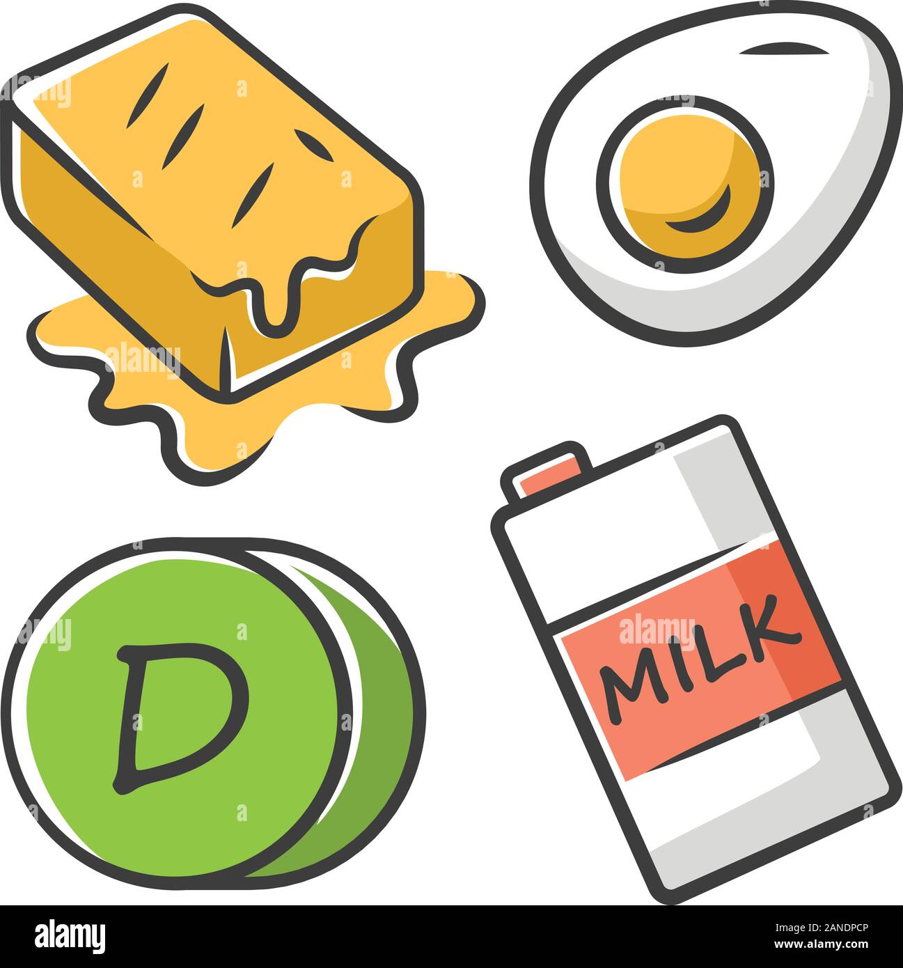 Vitamin D-Symbol. Butter, Ei und Milch. Das gesunde Essen. Cholecalciferol natürliche Nahrungsquelle. Milchprodukte. Die richtige Ernährung. Mineralien, Antioxida Stock Vektor