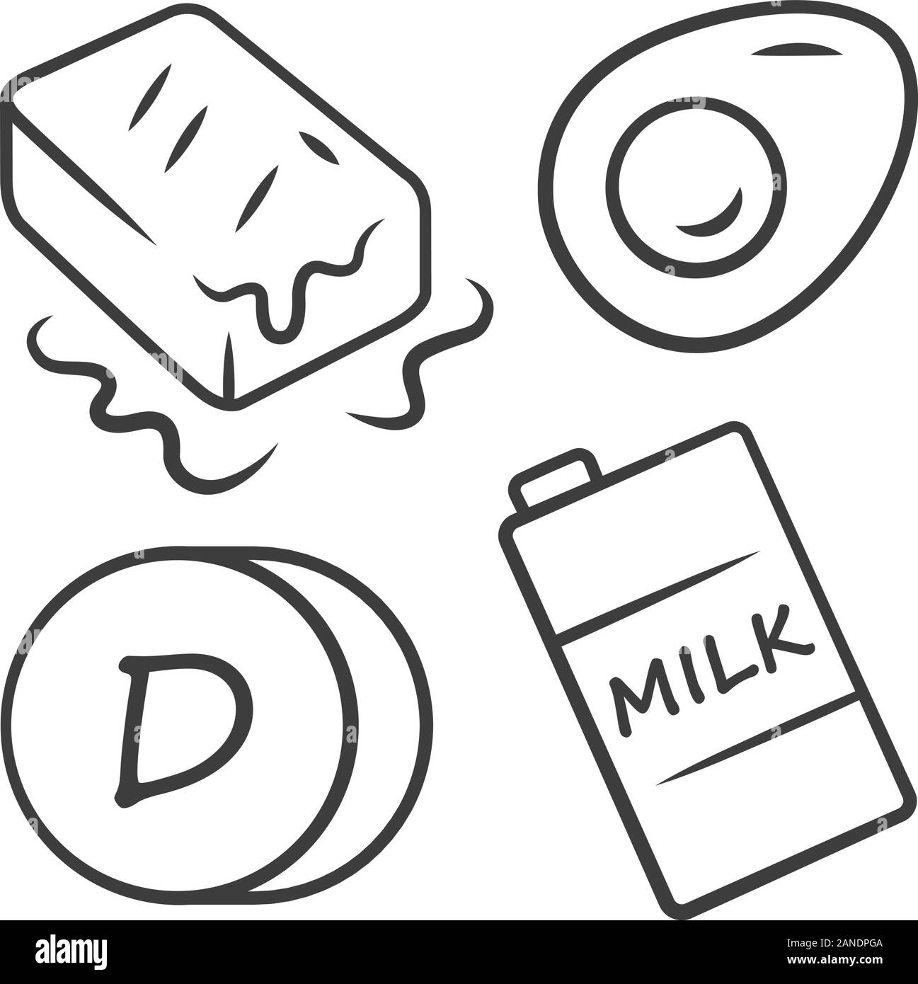 Vitamin D lineare Symbol. Butter, Ei und Milch. Das gesunde Essen. Cholecalciferol Nahrungsquelle. Milchprodukte. Dünne Linie Abbildung. Kontur Symbol. Vect Stock Vektor