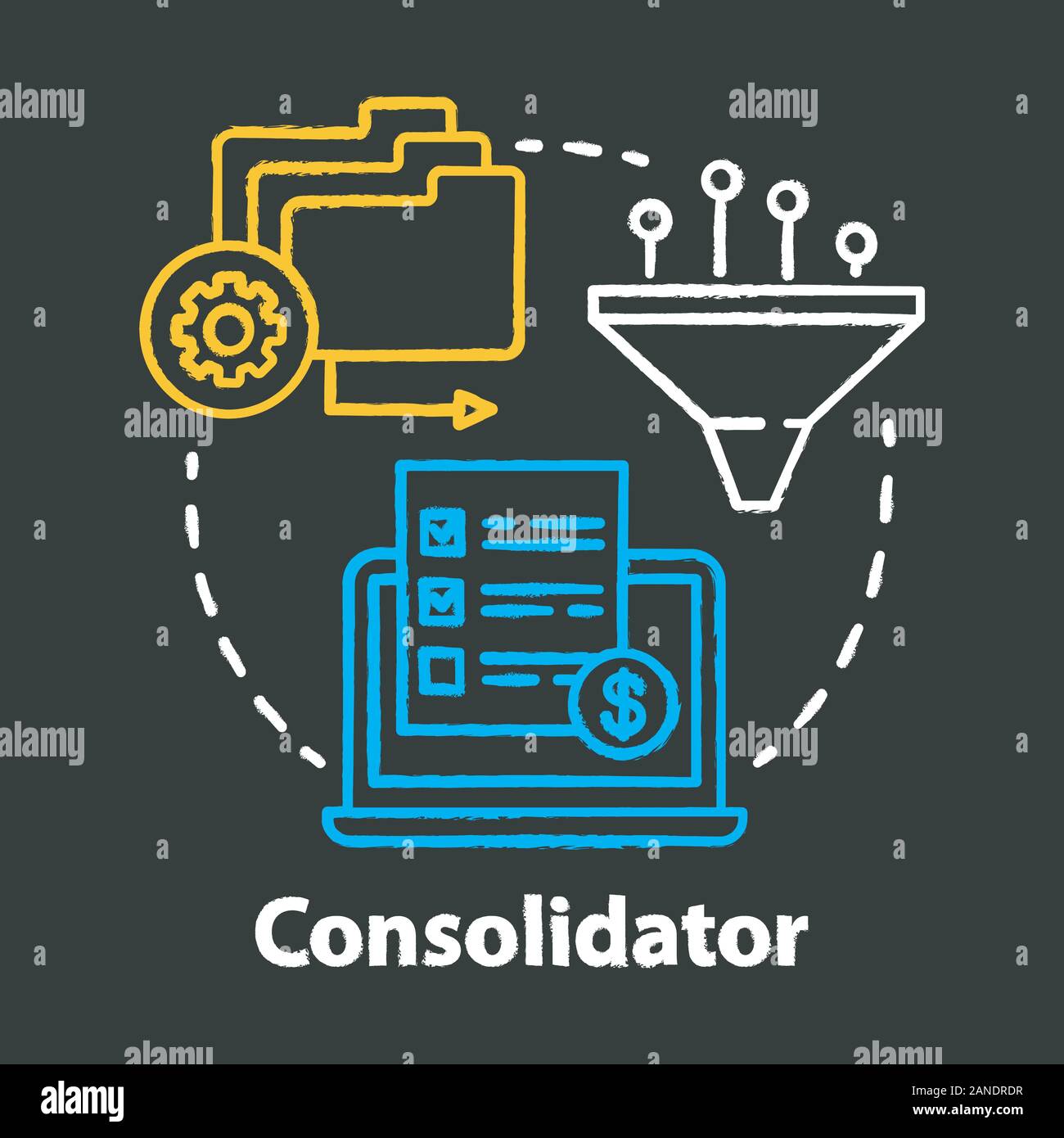 Consolidator chalk Konzept Symbol. Abrechnung Idee. Die Kombination von Bestellungen. Schuldenkonsolidierung. E-Commerce. Financial Service. Vektor isoliert Schiefertafel illustr Stock Vektor