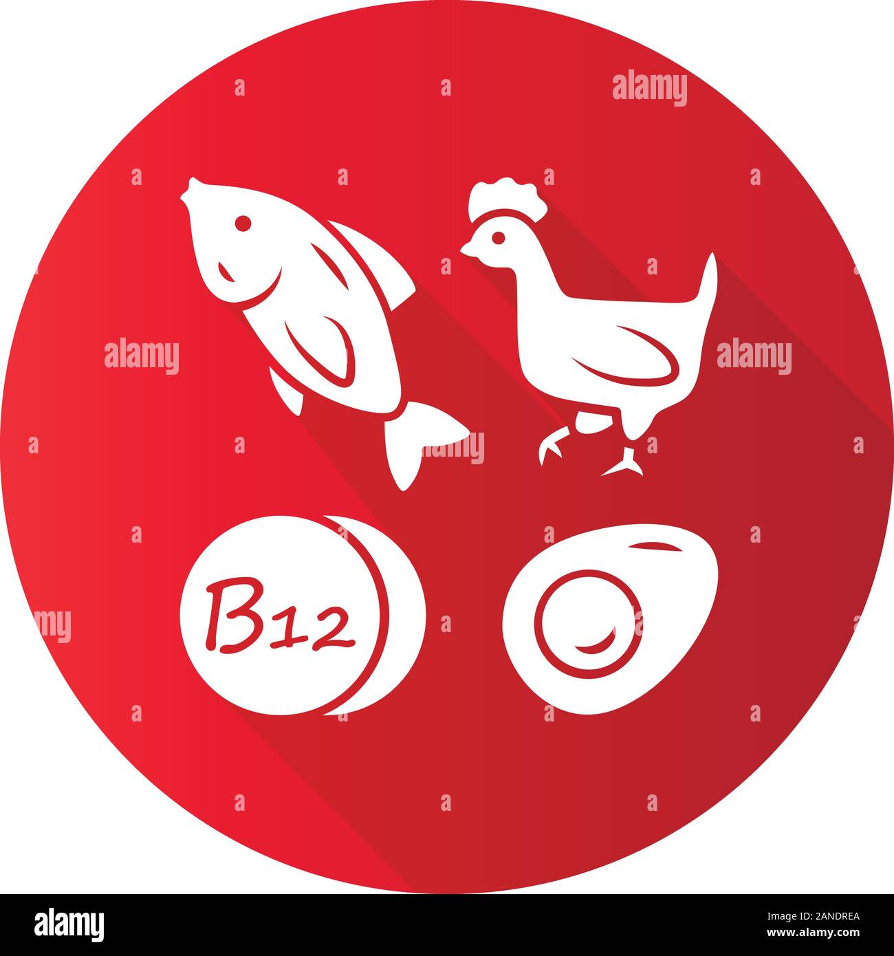 Vitamin B 12 rote flache Bauweise lange Schatten glyph Icon. Fisch, Geflügel und Eier. Das gesunde Essen. Cobalamin natürliche Nahrungsquelle. Die richtige Ernährung. Mineralien, Stock Vektor