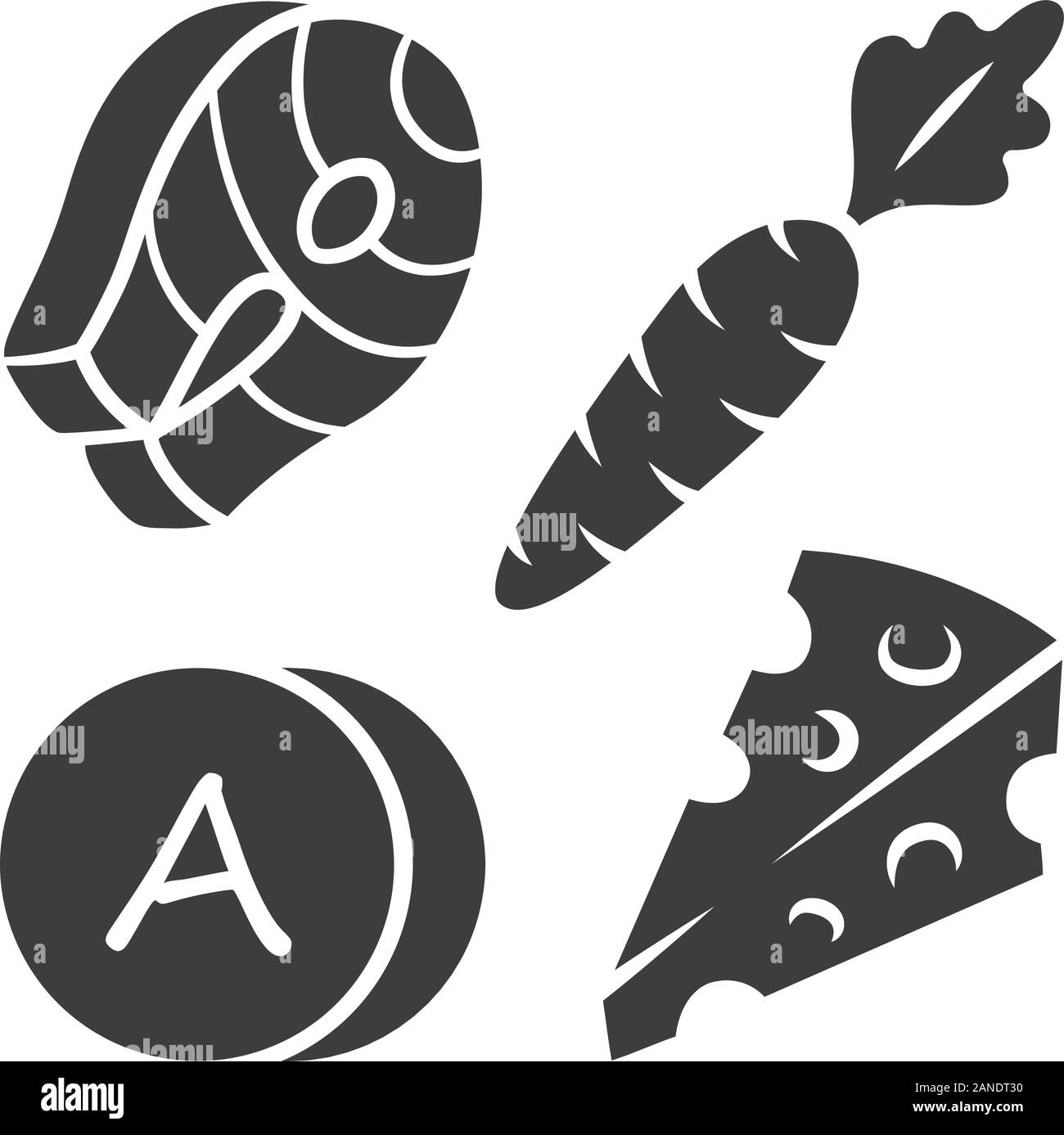 Vitamin A glyph Icon. Karotte, Fisch und Käse. Gesundes Essen. Vitamine natürliche Nahrungsquelle. Gesunde Ernährung. Gemüse, Milch und Milchprodukten. Silhouette sy Stock Vektor