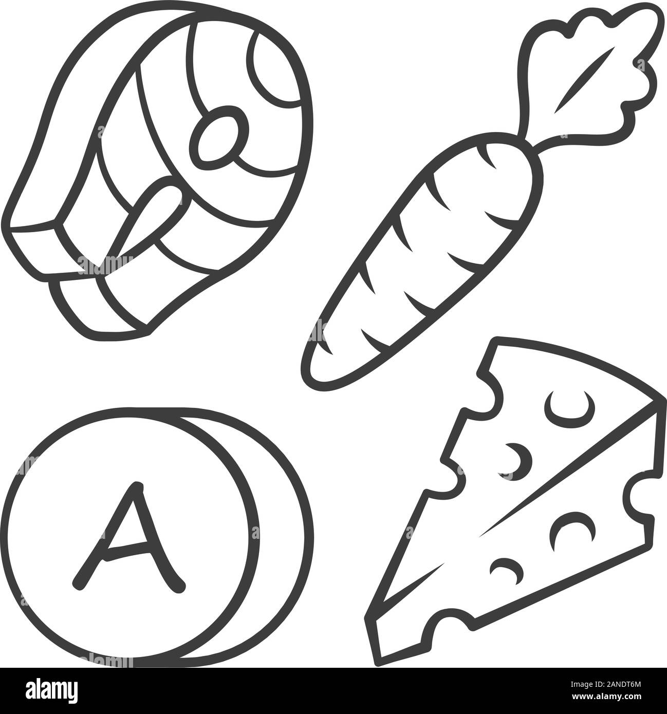 Vitamin A linear Symbol. Karotte, Fisch und Käse. Gesundes Essen. Vitamine natürliche Nahrungsquelle. Mineralien, Antioxidantien. Dünne Linie Abbildung. Kontur sy Stock Vektor