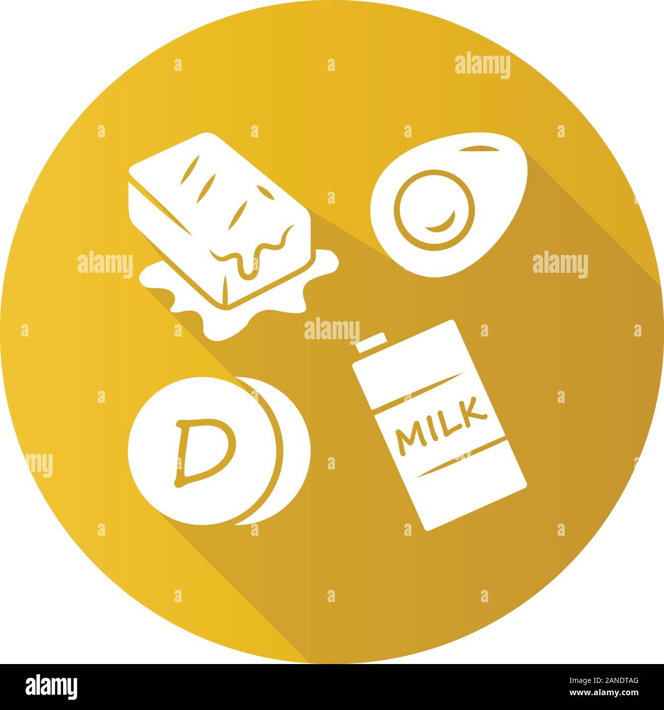 Vitamin-D-gelb flache Bauweise lange Schatten glyph Icon. Butter, Ei und Milch. Das gesunde Essen. Cholecalciferol natürliche Nahrungsquelle. Milchprodukte. Die ordnungsgemäße Stock Vektor