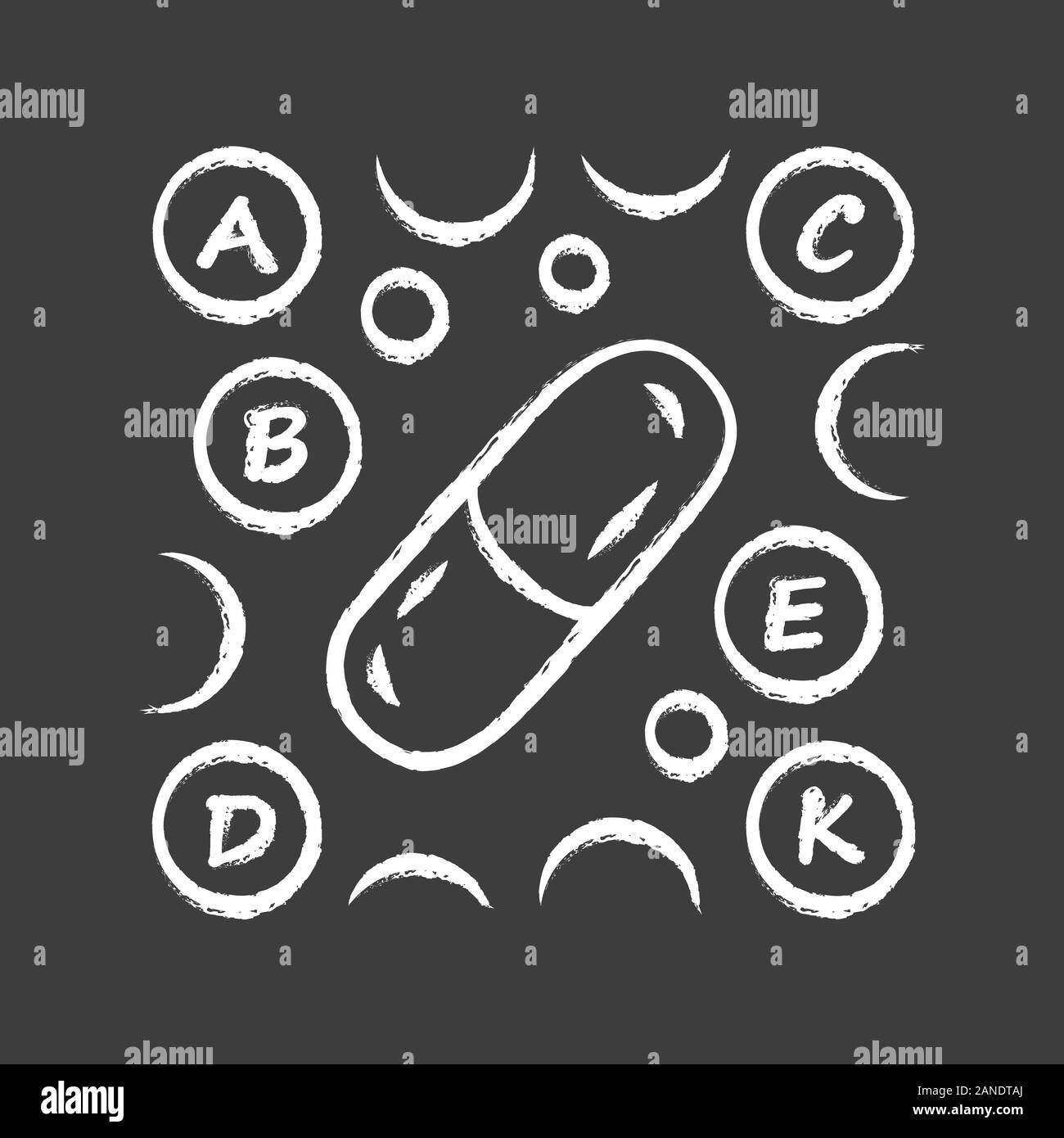 Vitamin Pillen chalk Symbol. A, B, C, D, E, K Multi Vitamine komplex. Multivitamin Medikation. Lebenswichtige Mineralien und Antioxidantien. Gesundheitswesen und Medizin. Stock Vektor