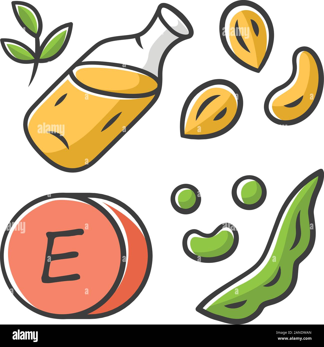 Vitamin E Farbe Symbol. Erdnüsse, Erbsen und Bohnen. Öl aus Samen. Gesunde Ernährung. Mineralien, Antioxidantien. Tocopherol natürliche Nahrungsquelle. Milchprodukte. Die ordnungsgemäße Stock Vektor