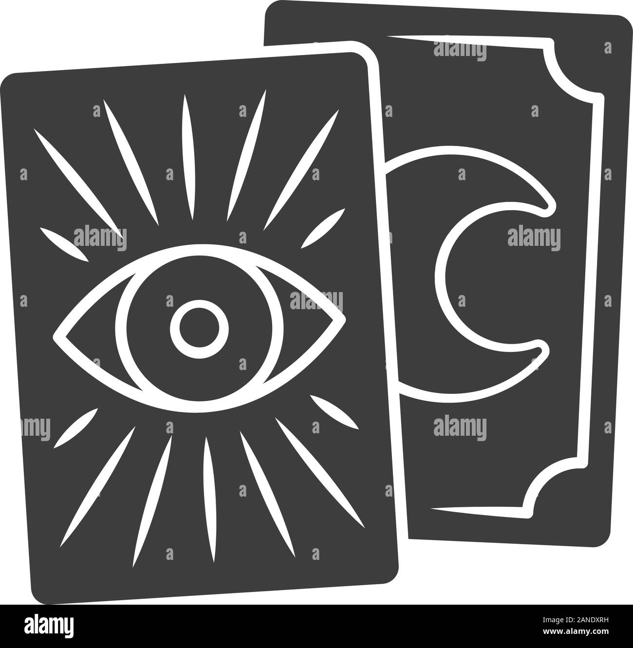 Tarot Karten glyph Icon. Silhouette Symbol. Tarocchi, Tarock, Oracle Karten spielen. Wahrsagen, Wahrsager, cartomancy. Magie und Aberglaube. Ne Stock Vektor