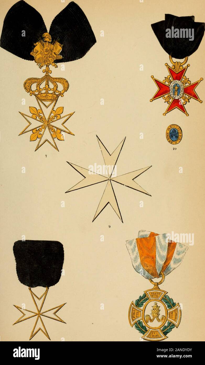 Das Buch von Aufträgen des Rittertums und Dekorationen der Ehre aller Nationen... Luft, oder in der zivilen Tugenden oder in der artsand Wissenschaften. Er zudem, unterteilt den Auftrag in den twoclasses: Kommandanten und Ritter. Er behielt die: calciumfluoride der Insignia als durch Papst Benedikt XIV., und die onlyinnovation er im Kreuz eingeführt Bestand: Er orderedthat in der Runde blau und weiss emailliert Mitte itsobverse, das Bildnis von Sylvester war ausgestellt zu werden, während die Worte: Denrückwärtsgangschalter zeigen sollte: Gregor XVI. restituit (von Gregor XVI wiederhergestellt). Die Bestellung ist jetzt getragen Sus - von einem schwarzen ribb pended Stockfoto