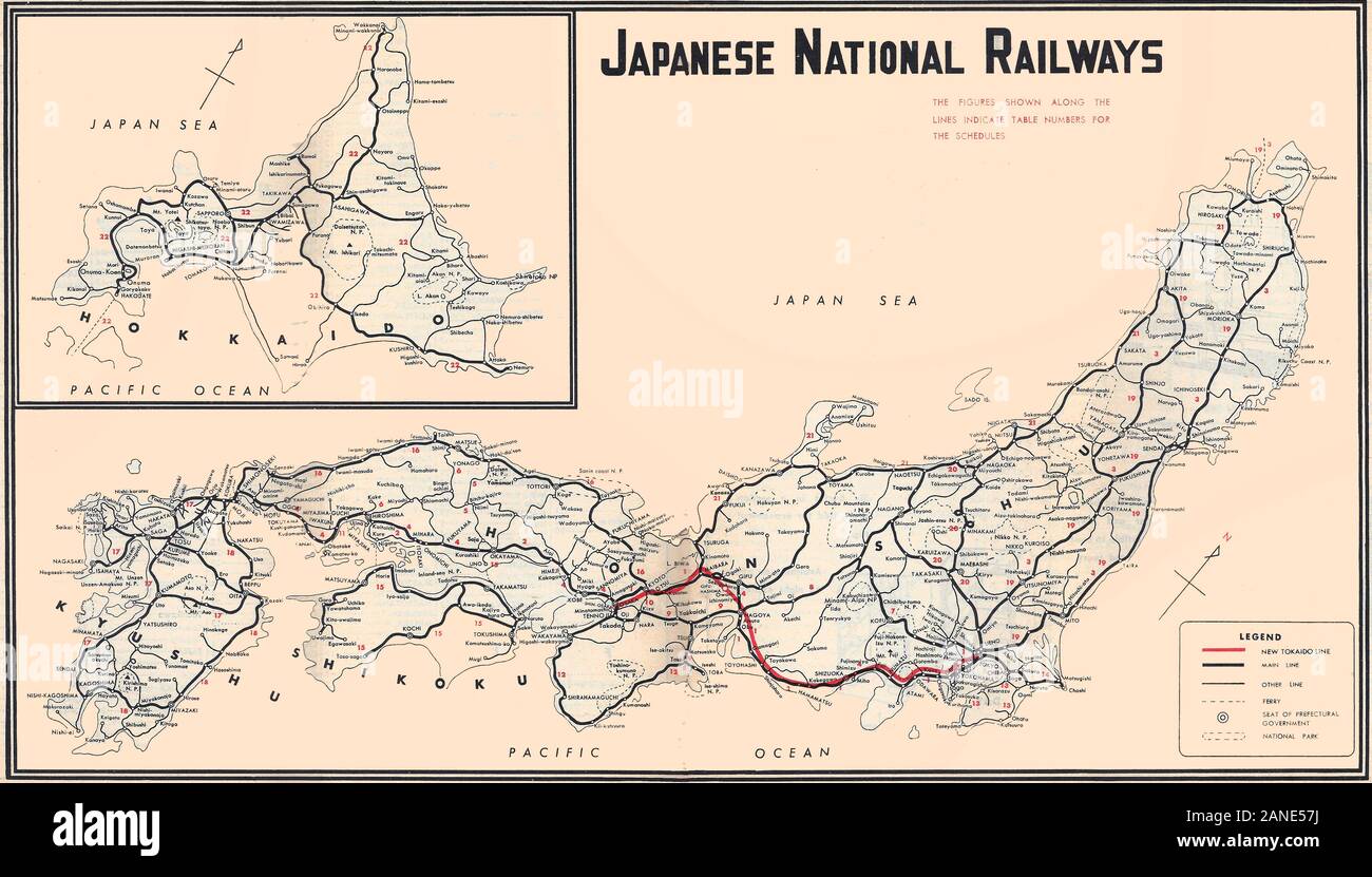 Japanese National Railways System Karte aus Pkw Zeitplan wirksam 1964-10-01 und zeigt den neuen Tokaido Shinkansen Linie (in Rot) und konventionellen Strecken. 1. Oktober 1964 Stockfoto