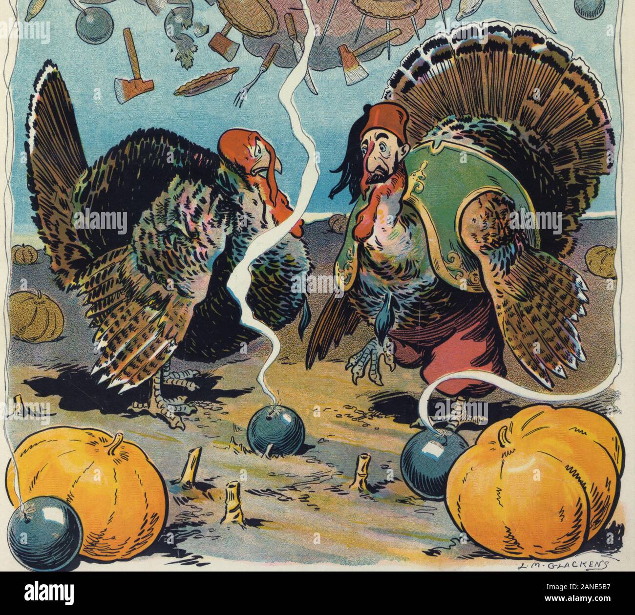 Unbehaglich Türken - Abbildung zeigt zwei Truthähne, einer als Türke unter rauchen Bomben und Kürbisse gekleidet, unter Wolken, Regen, Achsen, Bomben, Gemüse, Pasteten, und Gewehren auf sie. Die politische Karikatur, 18. November 1908 Stockfoto