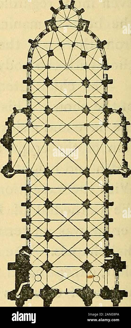 Geschichte der mittelalterliches Kunst. Abb. 297.- Kathedrale ofNoyon. Abb. 298,- Notre-Dameof Paris. Abb. 299.- Kathedrale ofSens. dreischiffige Leib der Kirche, aber zur Verfügung gestellt werden mit Türmen an den Ecken und projizieren Kapellen auf der östlichen Seite. Thesechapels, die durch den Wegfall der theradial Apsiden vom Ende der Kirche notwendig geworden war, an anderer Stelle nur in der Kathedrale von Sens, die ursprünglich aber eine Kapelle in thechoir und war, im Querschiff, mit einer besonderen Ausbildung, mit einer un-symmetrische Seitenschiff auf den Osten. Bei der Bildung des Kirchenschiffes einige Zeugnisse der Unentschlossenheit Stockfoto