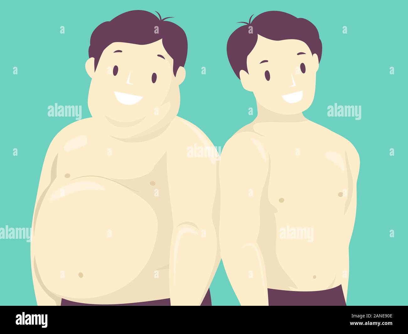 Abbildung: Fat Man Seite an Seite der gleiche Mann in normalen Gewicht Stockfoto