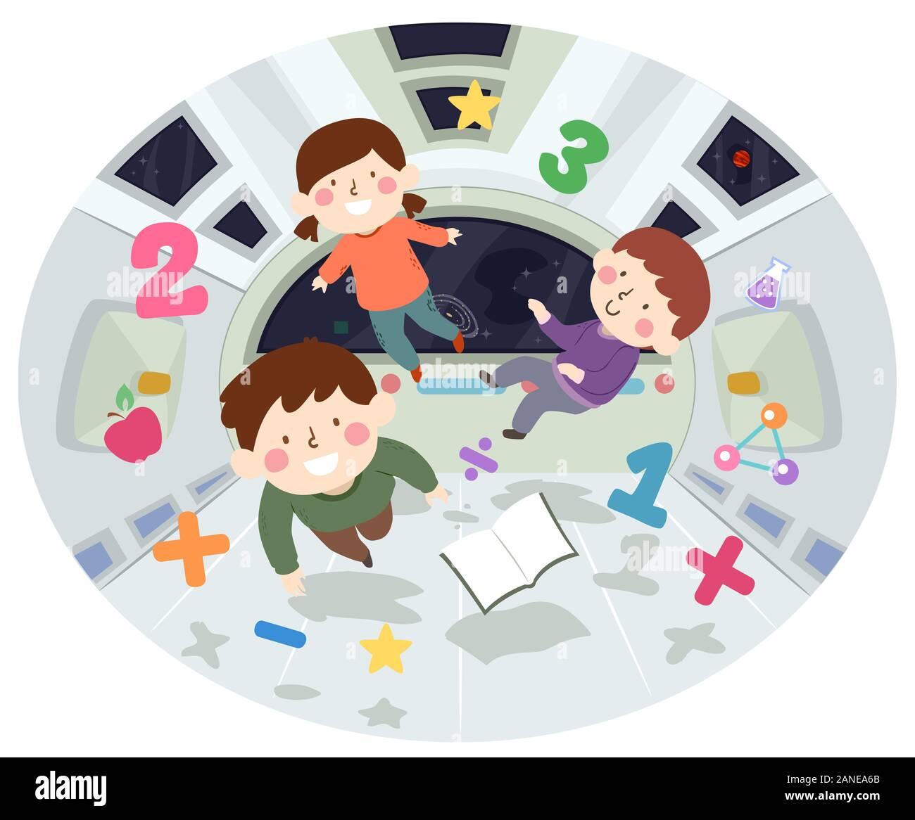 Abbildung: Kinder schweben in einem Raumschiff mit Zahlen und Bildung Elemente Stockfoto