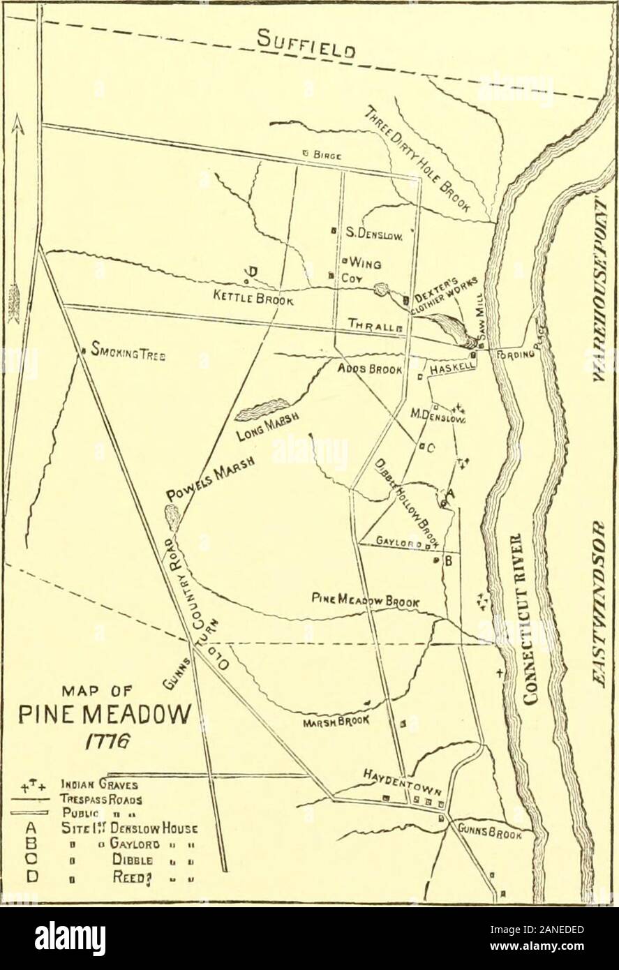 Die Gedenkstätte Geschichte der Hartford County, Connecticut, 1633-1884;. Wurde die Ebenen zu öffnen logsfrom thesaw - Mühle zu bringen; und Probablythe schuldopfer Straße acrossCaptain Denslows viel über den Friedhof zur Säge, Mühle alsoused wurde die Wattiefe zu gehen - über die Connecticut an der Mündung der Wasserkocher Bach. Wenn Transferservice zu Thesummer 1776 havenine wir Familien, - zwei Denslows, zwei Gaylords, Coye, Birge, Flügel, Haskell und Dex-ter, Tradition sagt uns, dass die Leiter der einzelnen Familien, exceptCoyes, war bei einmaligen Dienst in thearmy. Andere-Seiten werden diese servedsome Zeit während thewar. Fähnrich Stockfoto