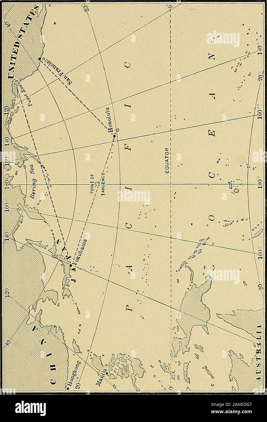 Seekarten. und große Kreise und gestalteri- gen alle Lager und Richtungen sind approximatelystraight Linien. Die parallelen des Latitude sind Bögen ofcircles mit Radien erhöhen, wie wir von thepole treten; sie werden deshalb nicht wirklich parallel und die längeder Breitengrad erhöht entweder Seite von Diemittlere Meridian. Die Meridiane thepoles angenähert und leicht gebogen werden, wenn wir von der zentralen zu treten; die Längen- Skala ist überall richtig, aber die breite Skala ist streng korrekt nur auf Diemittlere Meridian. Die Winkel der Schnittpunkt von parallelsand Merid Stockfoto