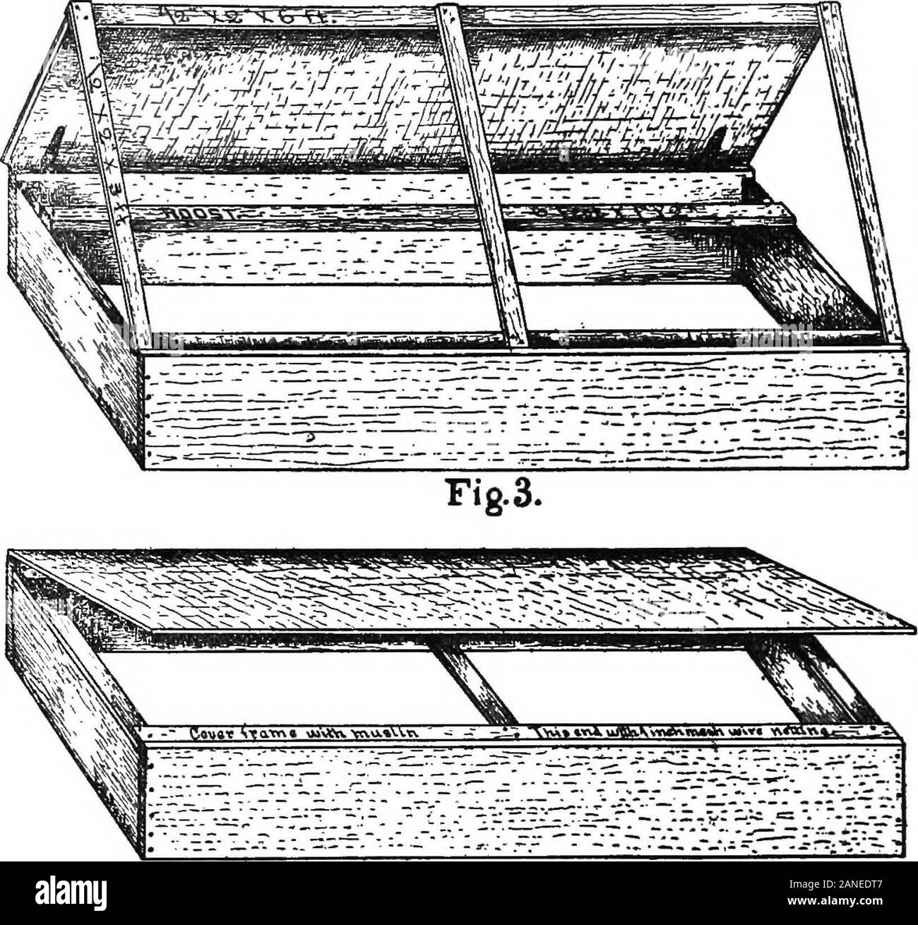 Die Philo System der progressiven Geflügel halten. Der Anfang ist die Hälfte von zwei Zoll stripsdressed aller Seiten und ist sechs Meter lang durch zwei Füße neun und drei viertel Zoll breit, oder die richtige Größe, um die Öffnung zu passen locker Wo itis verwendet werden. Ein Ende dieses Rahmens wird mit einer mittleren gradeof rohen Musselin abgedeckt, und das andere Ende mit einem Zoll Drahtgitter net-ting, der Zoll Masche verwendet wird Spatzen heraus zu halten. Das Ende bedeckt mit Musselin ist in den Brutapparat sendto platziert behalten die Hitze und perfekte ventiliation geben. Die frames areneither noch mit Scharnieren befestigt, wie es Stockfoto